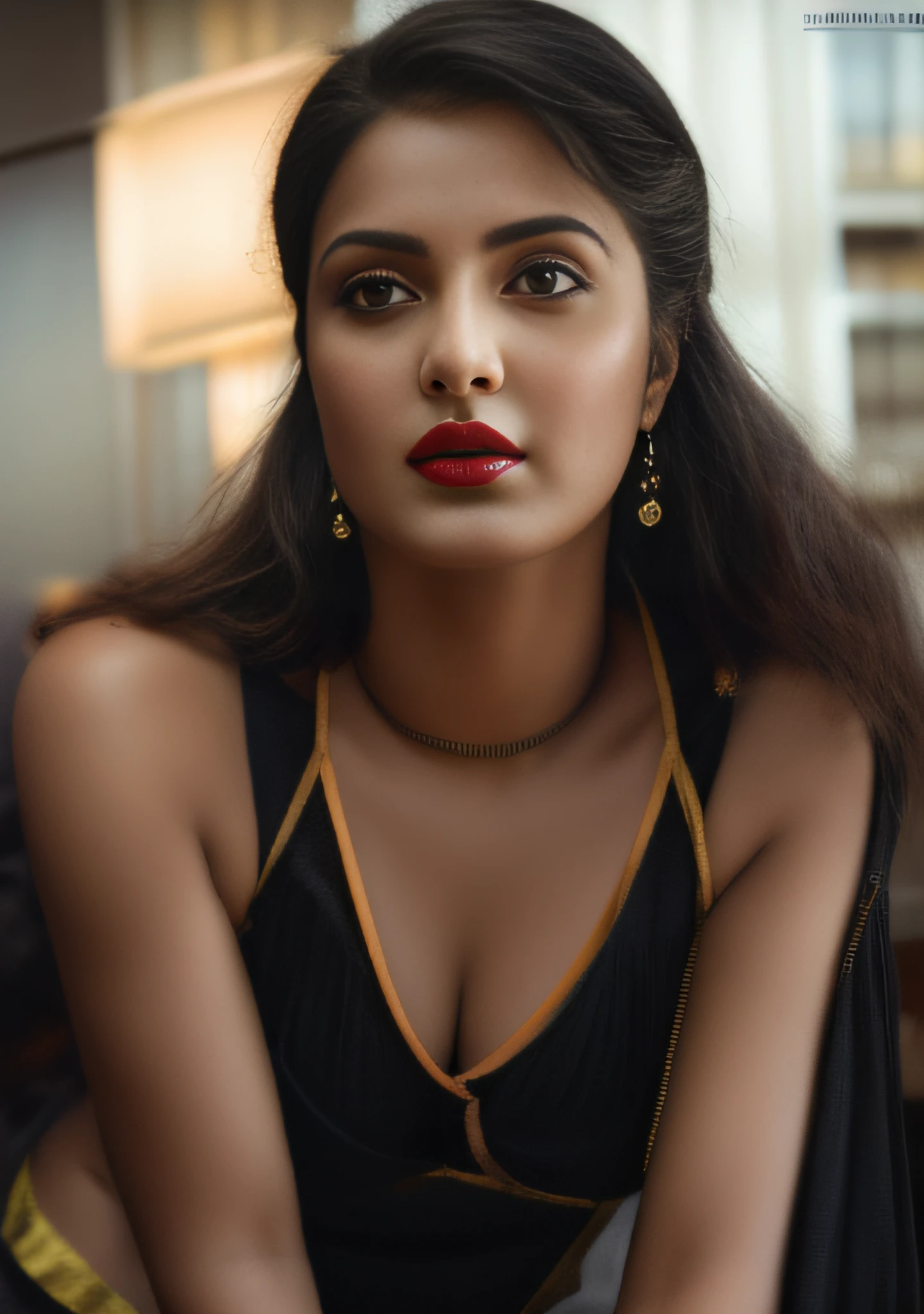 (editorial photograph of a young Indian woman in yellow dress and dark red lips),(((massive breast)))、karla ortiz, (highly detailed face:1.4) (smile:0.7) (backround 5 star hotel , moody, private study:1.3) POV, by lee jeffries, nikon d850, film stock photograph ,4 kodak portra 400 ,camera f1.6 lens ,rich colors ,hyper realistic ,lifelike texture, dramatic lighting , cinestill 800, realistic, wearing Black dobby weave self design fit & flare dress Sweetheart neck Short, puff sleeve Tie-up detail on back Above knee length in flounce hem Attached Lining Chiffon fabric, actress, karla ortiz, posing!!, candid picture, by Max Dauthendey,