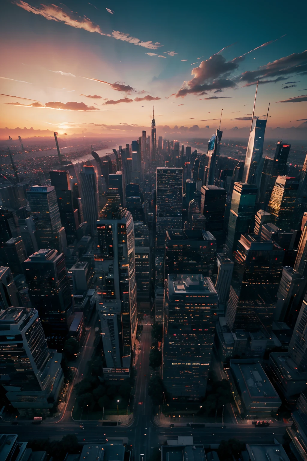 Create an abstract cityscape at sunset with vibrant, neon-colored skyscrapers.8k, cinematic