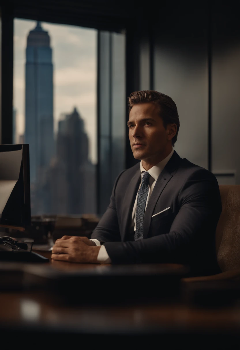 Portrait of a businessman in new york sitting behind his desk with a suit this man must be handsome and elegant the image must be clear sharp and in 8k and behind him one must see new york