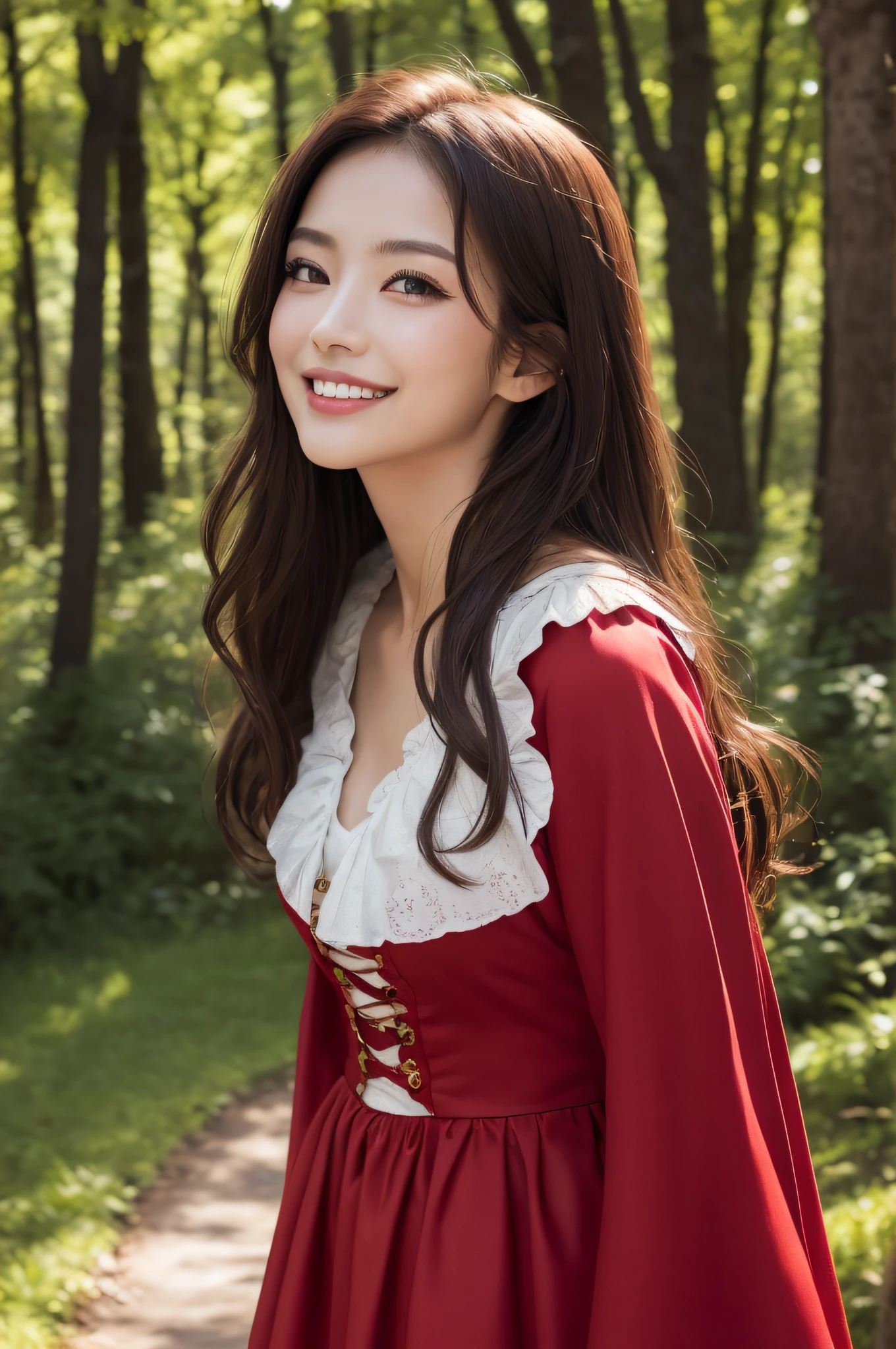 (raw shooting:1.3)、(photo realistic:1.3)、(masterpiece:1.3)、(best quality:1.3)、ultra detailed、High resolution、(depth of fields)、(Detailed eye)、(detailed facial features)、(Detailed fingers)、(detailed clothes features)、HDR、8K、skin tightening、(shinny skin)、landscapes、majestic、(upper body:1.3)、(dynamic composition)、1 woman、Japanese、28 years old、(she is Little Red Riding:1.3)、(dark brown hair)、(long hair)、hair blowing in wind、Looking away、(Happy smile)、Shine with colored light、(Forest with morning sunlight streaming through. Capture the serene beauty of sunlight illuminating the peaceful woods. )、