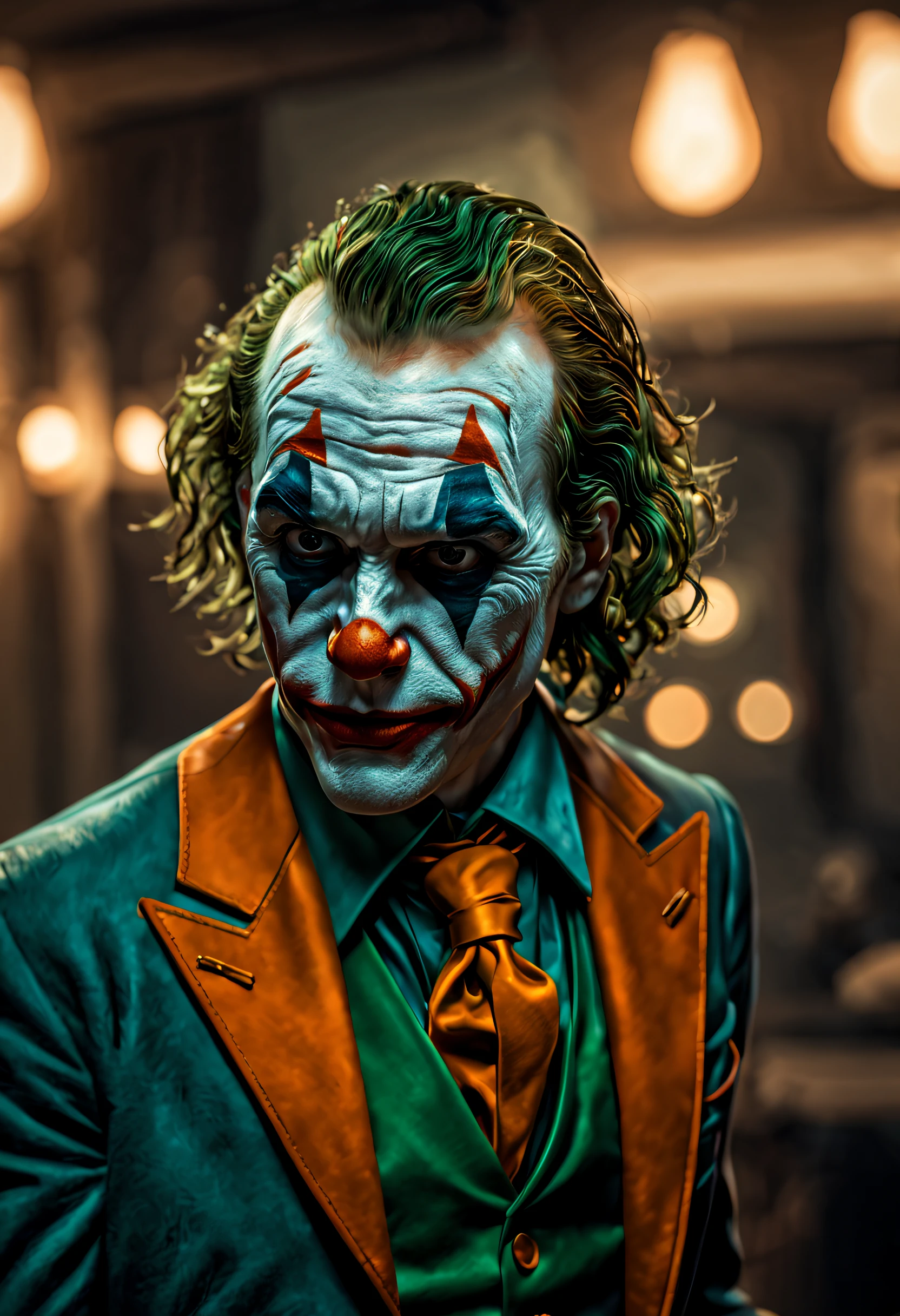 Create an image of a laughing joker in profile, 16k cinematic