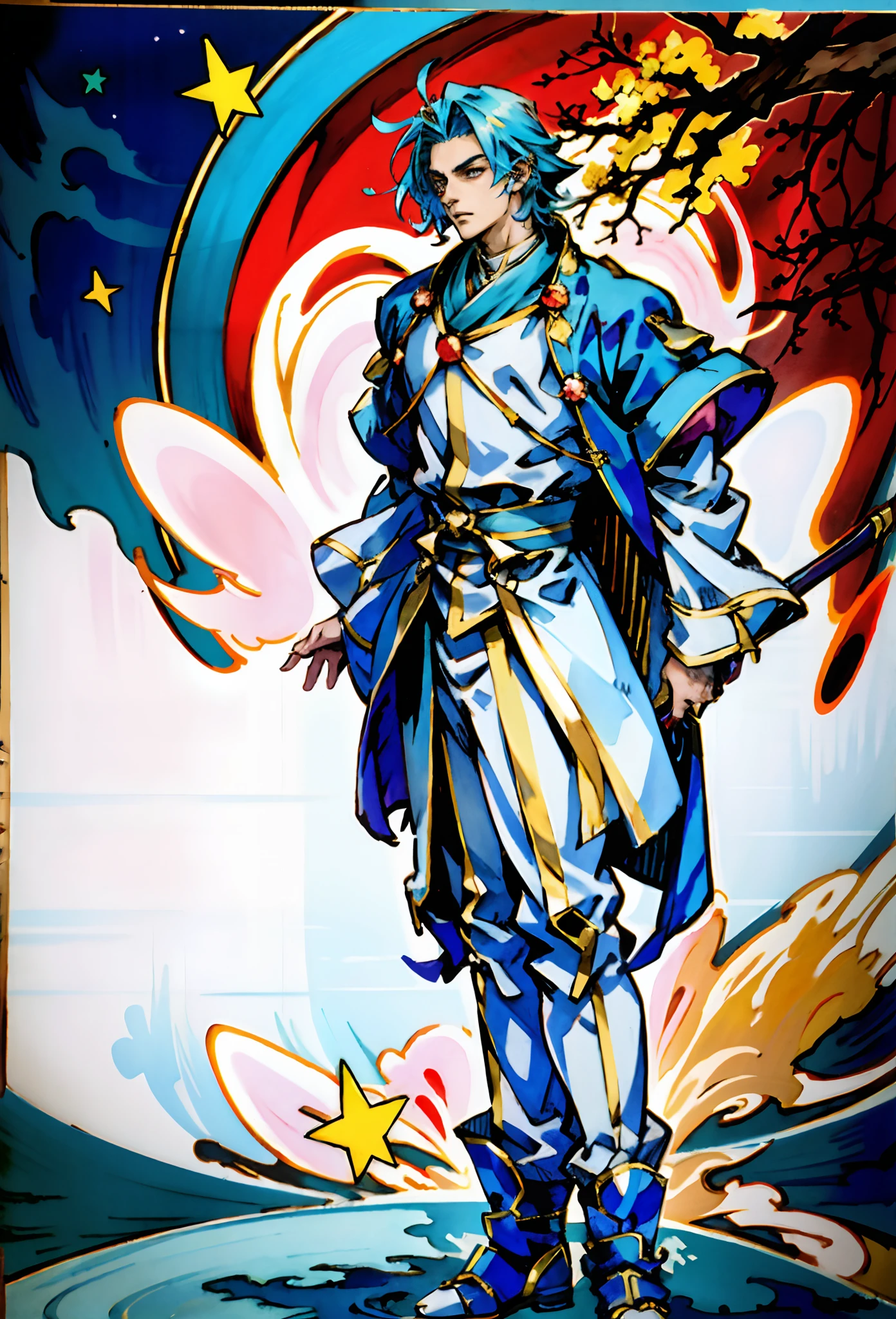 A young man with short aquamarine hair, sharp eyebrows, starry eyes, radiating a righteous aura, a two-piece fantasy wuxia-style outfit, featuring a traditional Chinese martial arts long gown, a wide overcoat, flowing sleeves, the color scheme is mainly red and white, with yellow as secondary colors, matching trousers, sturdy cloth boots, the background depicts a dreamy pattern of geometric symbols and stars, this character embodies a finely crafted fantasy-style Chinese martial hero in anime style, characterized by an exquisite and mature manga illustration art style, full body character drawing, high definition, best quality, highres, ultra-detailed, ultra-fine painting, extremely delicate, professional, anatomically correct, symmetrical face, extremely detailed eyes and face, high quality eyes, creativity, RAW photo, UHD, 8k, Natural light, cinematic lighting, masterpiece:1.5