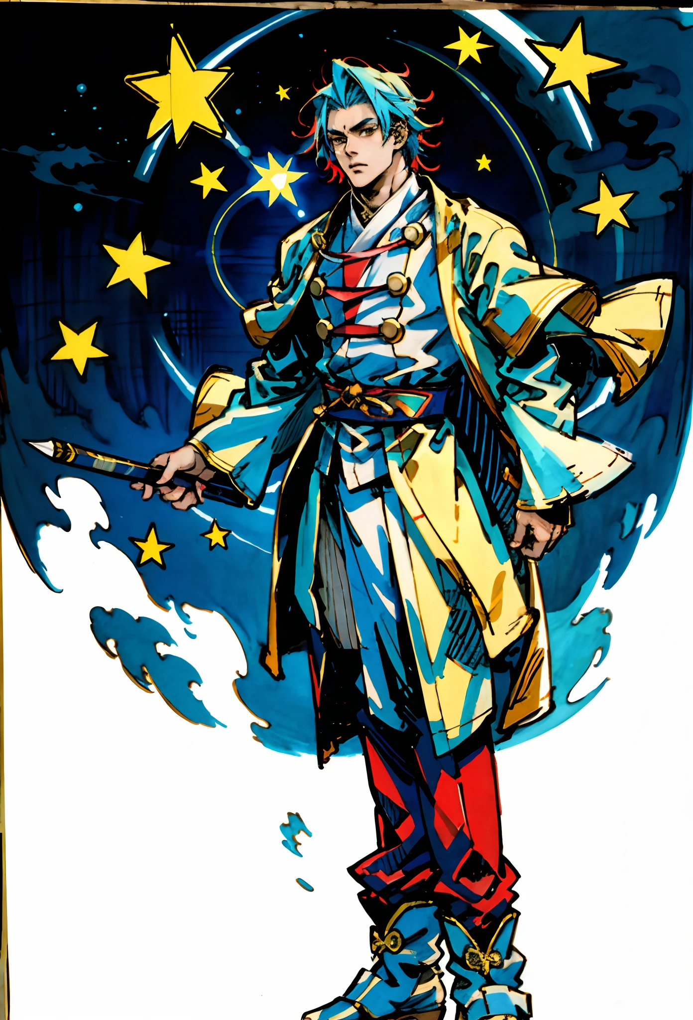 A young man with short aquamarine hair, sharp eyebrows, starry eyes, radiating a righteous aura, a two-piece fantasy wuxia-style outfit, featuring a traditional Chinese martial arts long gown, a wide overcoat, flowing sleeves, the color scheme is mainly red and white, with yellow as secondary colors, matching trousers, sturdy cloth boots, the background depicts a dreamy pattern of geometric symbols and stars, this character embodies a finely crafted fantasy-style Chinese martial hero in anime style, characterized by an exquisite and mature manga illustration art style, full body character drawing, high definition, best quality, highres, ultra-detailed, ultra-fine painting, extremely delicate, professional, anatomically correct, symmetrical face, extremely detailed eyes and face, high quality eyes, creativity, RAW photo, UHD, 8k, Natural light, cinematic lighting, masterpiece:1.5