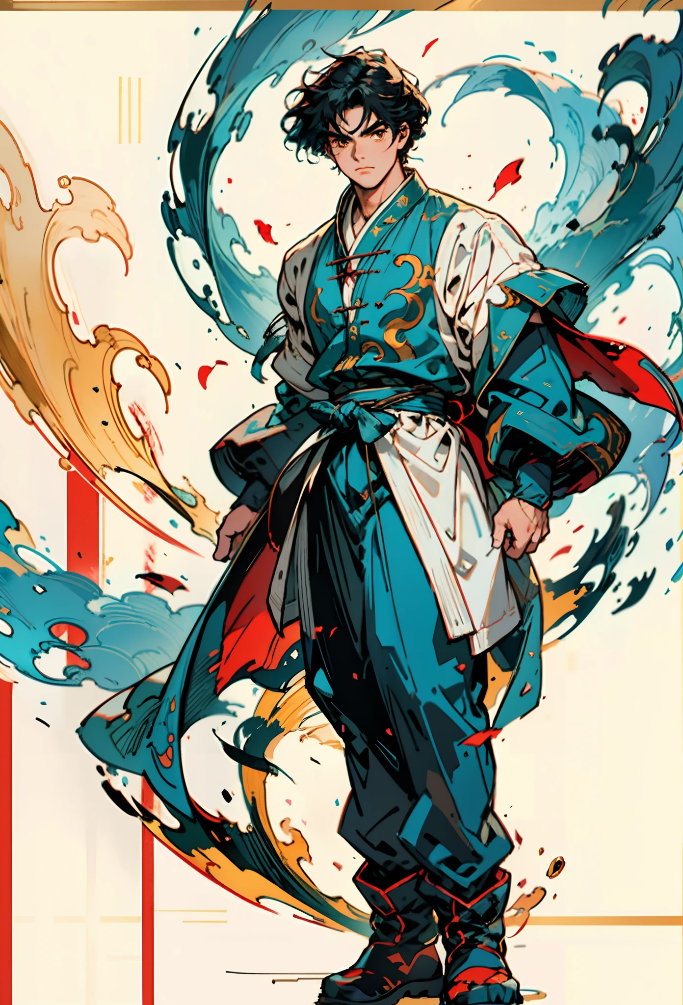 A young man with short aquamarine hair, sharp eyebrows, starry eyes, radiating a righteous aura, a two-piece fantasy wuxia-style outfit, featuring a traditional Chinese martial arts long gown, a wide overcoat, flowing sleeves, the color scheme is mainly red and white, with yellow as secondary colors, matching trousers, sturdy cloth boots, the background depicts a dreamy pattern of geometric symbols and stars, this character embodies a finely crafted fantasy-style Chinese martial hero in anime style, characterized by an exquisite and mature manga illustration art style, full body character drawing, high definition, best quality, highres, ultra-detailed, ultra-fine painting, extremely delicate, professional, anatomically correct, symmetrical face, extremely detailed eyes and face, high quality eyes, creativity, RAW photo, UHD, 8k, Natural light, cinematic lighting, masterpiece:1.5