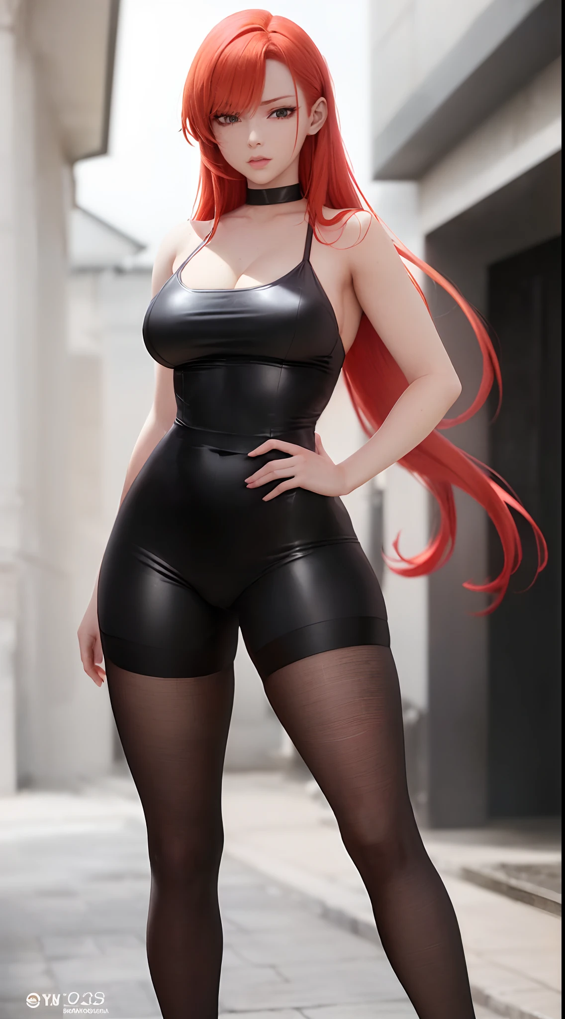 there is a woman with red hair and a black top posing, anya from spy x family, realistic shaded perfect body, leeloo outfit, character is in her natural pose, realistic anime 3 d style, thicc, she has long redorange hair, redhead girl, photorealistic anime girl render, she is redhead, perfectly shaded body, rendered in sfm