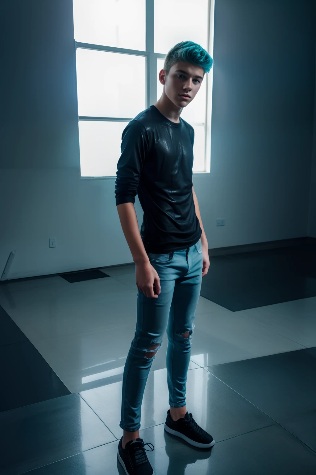 Teen male posing, (((16yo))), full body view, white tight leaky jeans, atmospheric, ultra realistic, cyan hair, wet body, black longshirt