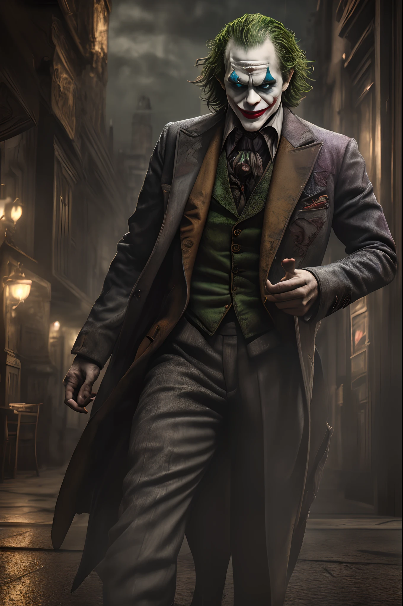 A Joker\(Joker 2019\) ,epic, realistic, faded, neutral colors, ((((hdr)))), ((((muted colors)))), intricate scene, artstation, hyperdetailed, cinematic shot, warm lights, dramatic light, intricate details, vignette, complex background, [[teal and orange]], slate gray atmosphere