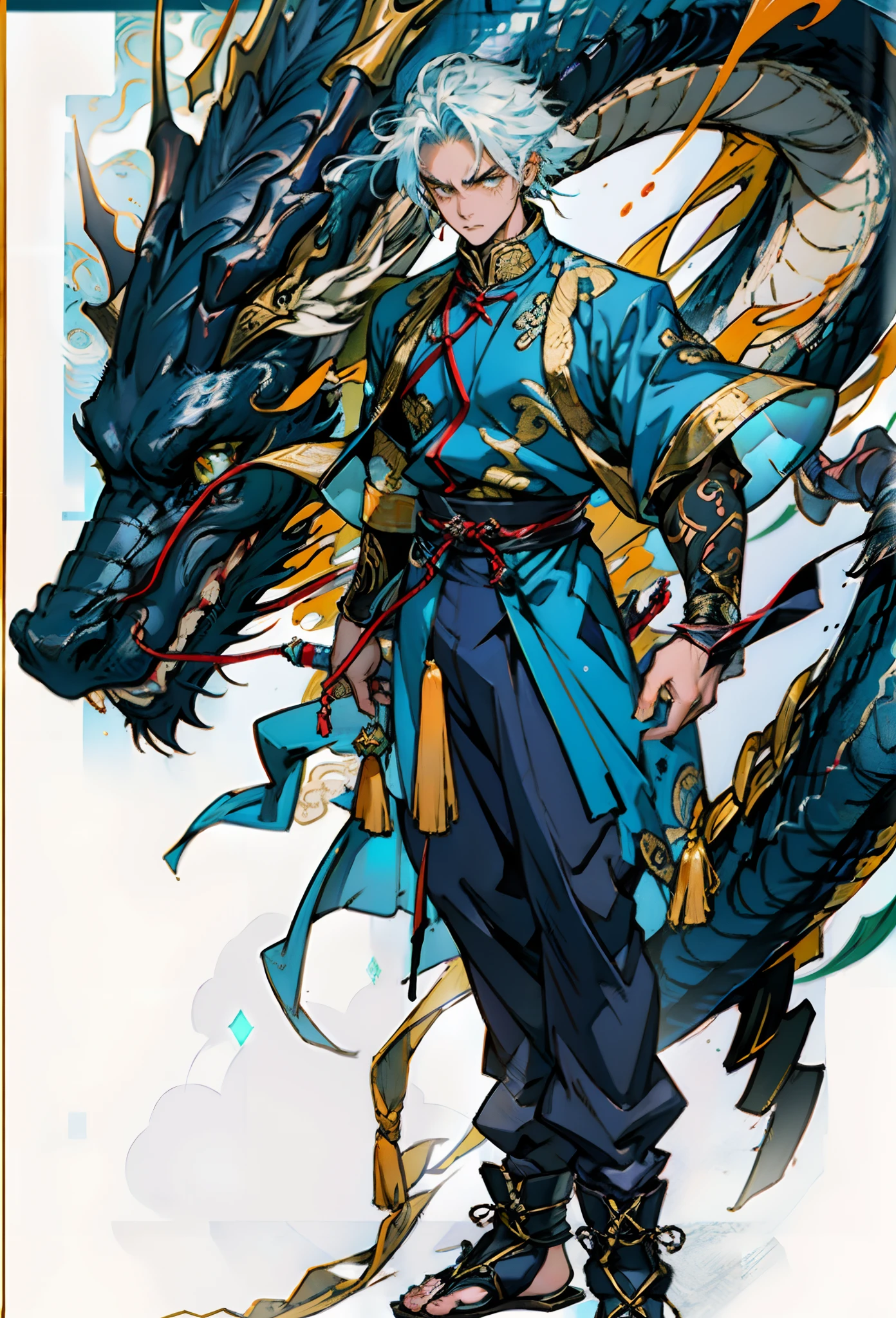 A young man with short aquamarine hair, sharp eyebrows, starry eyes, radiating a righteous aura, a two-piece fantasy wuxia-style outfit, featuring a traditional Chinese martial arts long gown, a wide overcoat, flowing sleeves, the color scheme is mainly red and white, with yellow as secondary colors, matching trousers, sturdy cloth boots, the background depicts a dreamy pattern of geometric symbols and stars, this character embodies a finely crafted fantasy-style Chinese martial hero in anime style, characterized by an exquisite and mature manga illustration art style, full body character drawing, high definition, best quality, highres, ultra-detailed, ultra-fine painting, extremely delicate, professional, anatomically correct, symmetrical face, extremely detailed eyes and face, high quality eyes, creativity, RAW photo, UHD, 8k, Natural light, cinematic lighting, masterpiece:1.5