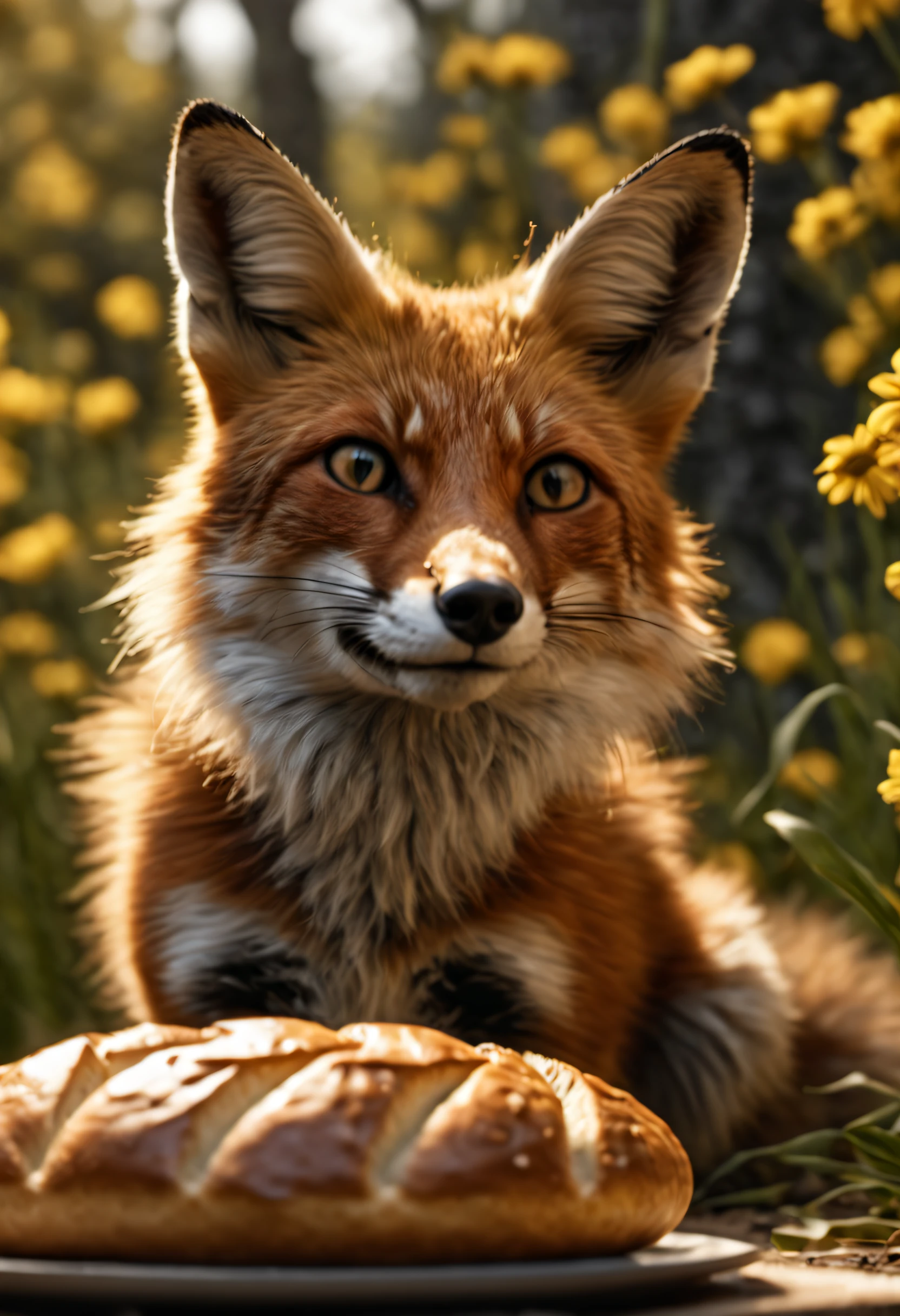 professional portrait photo by Yousuf Karsh of a vixen looking at a bread loaf. The vixen has puzzled expression. The bread loaf is round and it is rolling away from the vixen. There is forest with pretty flowers in background. It is spring evening time and clear weather. cinematic focus on the vixen, dynamic pose, dynamic background, dynamic composition, dynamic lighting, realistic proportions, hdr, raytracing, 8k resolution, ultra realistic, photorealistic, extreme detailed, ultra detailed, intricate details, highly detailed atmosphere, highly detailed textures.