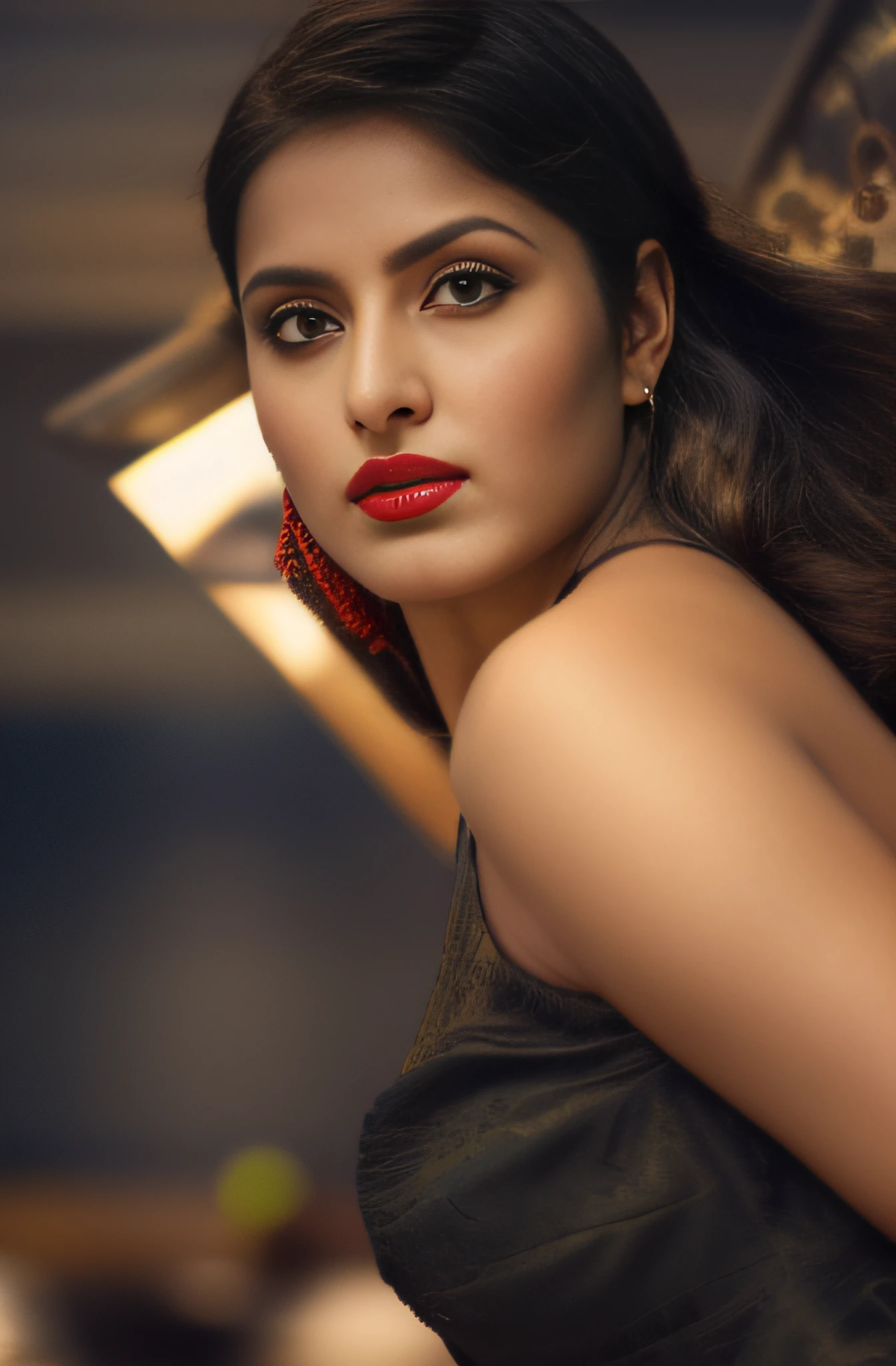 (editorial photograph of a young Indian woman in yellow dress and dark red lips),(((massive breast)))、karla ortiz, (highly detailed face:1.4) (smile:0.7) (backround 5 star hotel , moody, private study:1.3) POV, by lee jeffries, nikon d850, film stock photograph ,4 kodak portra 400 ,camera f1.6 lens ,rich colors ,hyper realistic ,lifelike texture, dramatic lighting , cinestill 800, realistic, wearing Black dobby weave self design fit & flare dress Sweetheart neck Short, puff sleeve Tie-up detail on back Above knee length in flounce hem Attached Lining Chiffon fabric, actress, karla ortiz, posing!!, candid picture, by Max Dauthendey,