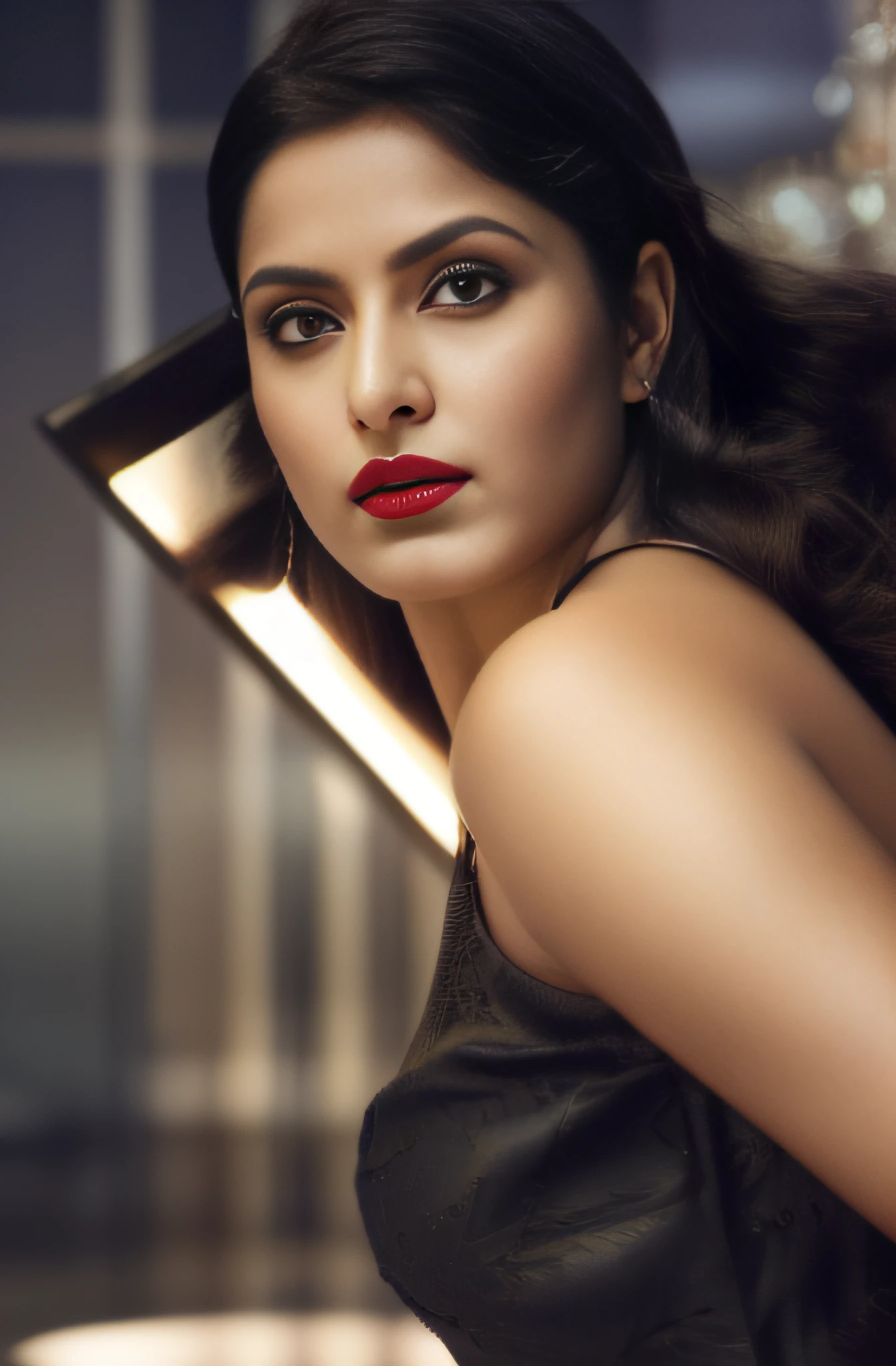 (editorial photograph of a young Indian woman in yellow dress and dark red lips),(((massive breast)))、karla ortiz, (highly detailed face:1.4) (smile:0.7) (backround 5 star hotel , moody, private study:1.3) POV, by lee jeffries, nikon d850, film stock photograph ,4 kodak portra 400 ,camera f1.6 lens ,rich colors ,hyper realistic ,lifelike texture, dramatic lighting , cinestill 800, realistic, wearing Black dobby weave self design fit & flare dress Sweetheart neck Short, puff sleeve Tie-up detail on back Above knee length in flounce hem Attached Lining Chiffon fabric, actress, karla ortiz, posing!!, candid picture, by Max Dauthendey,