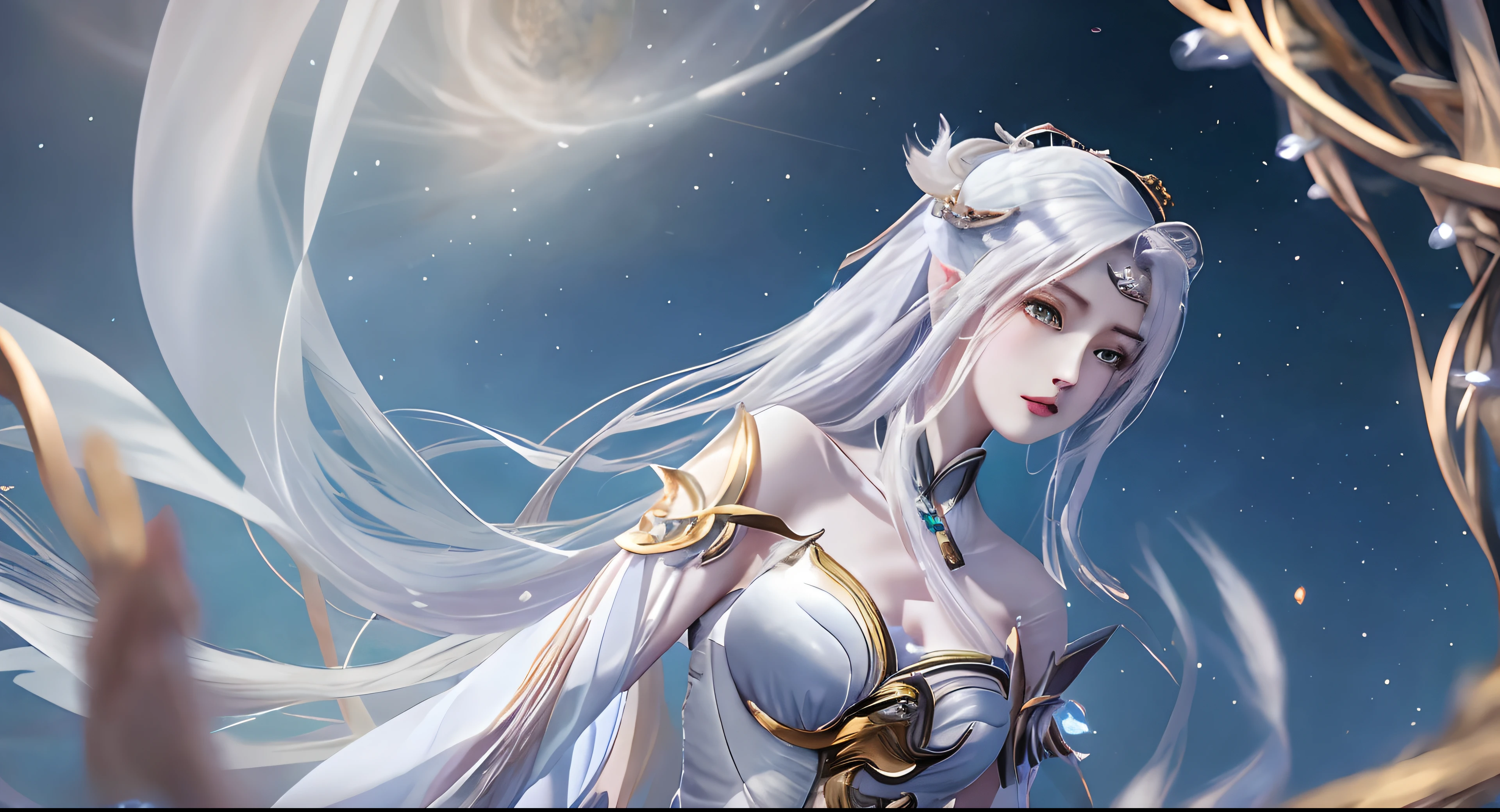 (piece of master), ((corpo inteiro)), (looking back over sholder) uma mulher com cabelo comprido, curly hair, (cabelos brancos), e um vestido roxo, Anime Girl with Cosmic Hair, bela arte digital, bela arte digital, (roupas roxas) bela arte digital, Arte bonita UHD 4K, bela arte digital, iluminado, (Atmospheric Illumination), arte digital 4K altamente detalhada, retrato bonito da arte da fantasia, bela arte de fantasia, arte digital de fantasia, goddess of galaxies, pele detalhada, detalhes do rosto, ((cabelo platinado;))arte digital, ((conceito de personagem)) detalhado em 4k, rosto bonito detalhado.