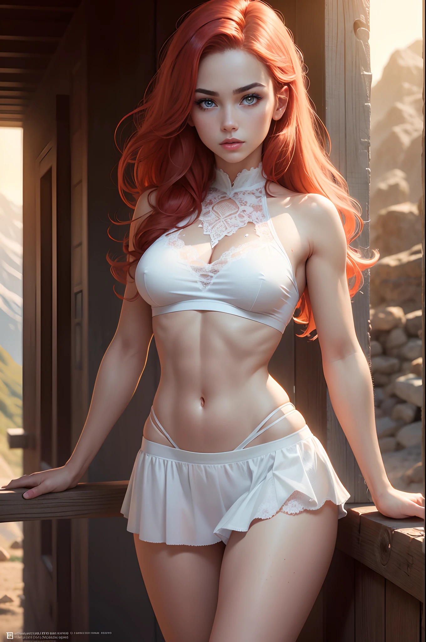(Masterpiece, photorealistic, photorealism, 8k, best quality, ultra-detailed), cinematic light, official art, (1girl), (solo), smooth skin, sunset, white mini skirt, redheaded woman, dim lighting, dim lighting on face, freckled skin, skin, mature woman, in the mountains, bright red messy flowy hair, lace crop top, perfect body, thin waist, beautiful eyebrows, perfect hips, beautiful face, beautiful blue eye