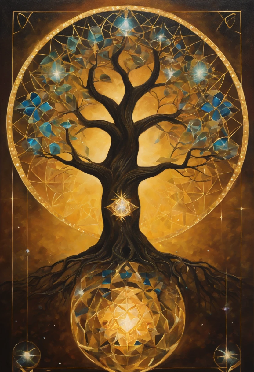 Contemporary acrylic paintings, high-end acrylic painting, modern transitional style, golden ratio, sacred geometry Kabbalah tree of life chakra crystals
