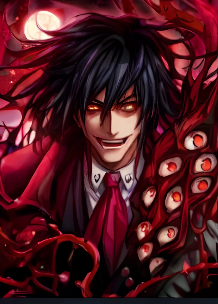 a close up of a person with a tie and a red tie, alucard, gapmoe yandere grimdark, his eyes are bleeding intense, portrait gapmoe yandere grimdark, helltaker, blood moon tentacles!!, he's very menacing and evil, handsome japanese demon boy, akane owari danganronpa, One piece style