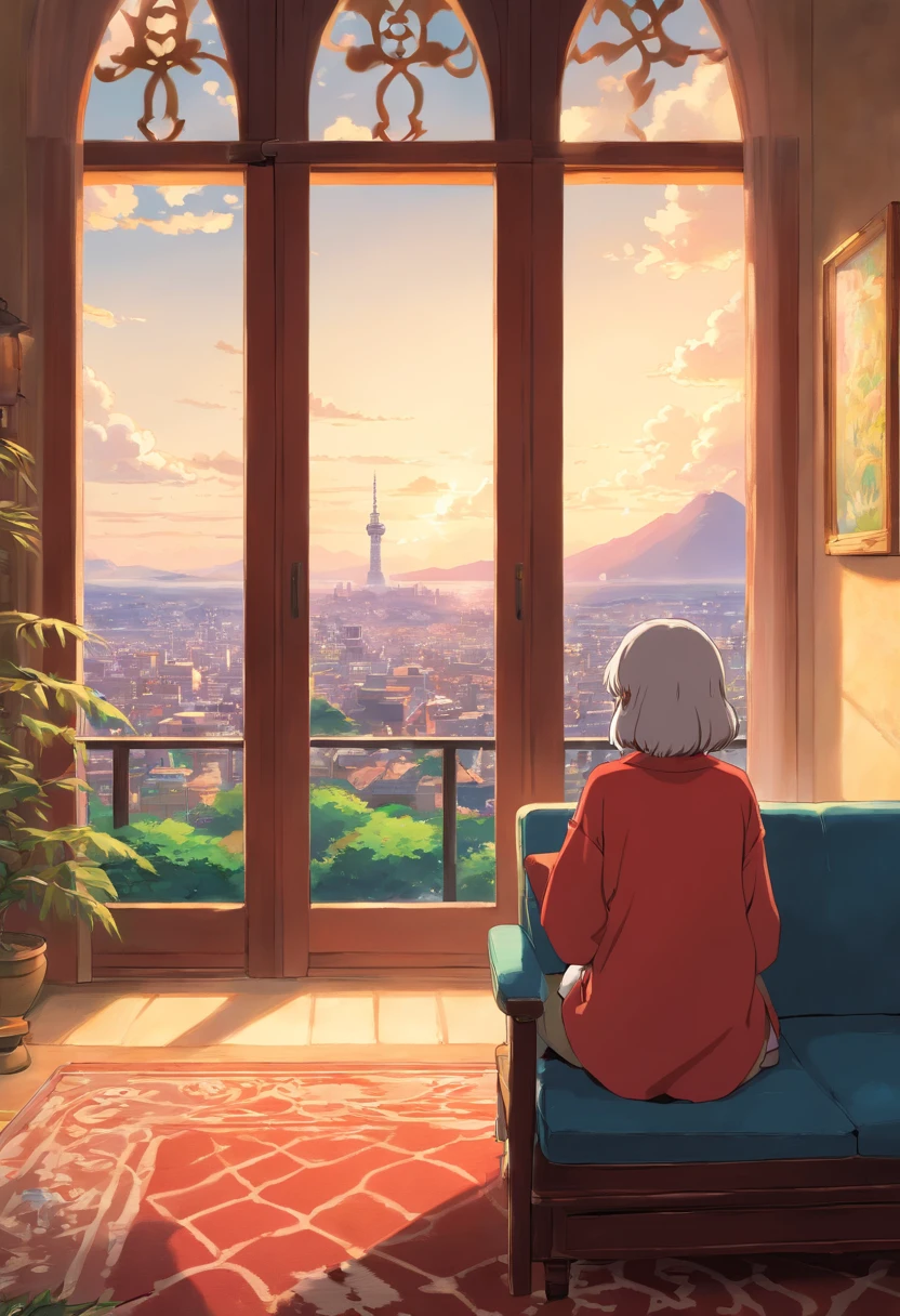 araffe sitting on a couch looking out a window at a city, a picture by Louis Hersent, tumblr, arabesque, great view, view from behind, looking from behind, seen from behind, shot from behind, gorgeous view, epic view, from behind, stunning view, view from the back, nice view, view from back, viewed from behind