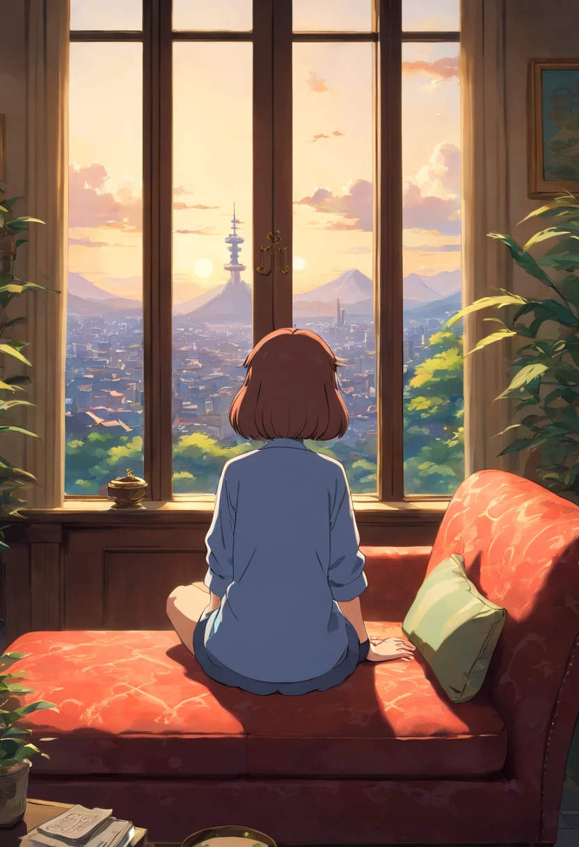 araffe sitting on a couch looking out a window at a city, a picture by Louis Hersent, tumblr, arabesque, great view, view from behind, looking from behind, seen from behind, shot from behind, gorgeous view, epic view, from behind, stunning view, view from the back, nice view, view from back, viewed from behind