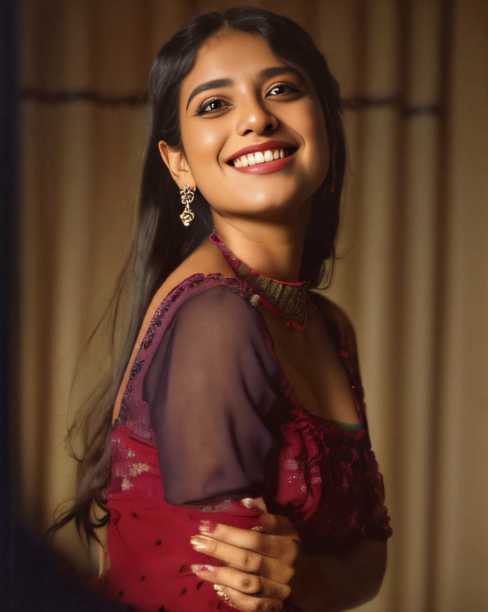 (editorial photograph of a young Indian woman), karla ortiz, (highly detailed sweet smile) (smile:1:1) (backround 5 star hotel , moody, private study:1.3) POV, by lee jeffries, nikon d850, film stock photograph ,4 kodak portra 400 ,camera f1.6 lens ,rich colors ,hyper realistic ,lifelike texture, dramatic lighting , cinestill 800, realistic, puff sleeve Tie-up detail on back Above knee length in flounce hem Attached Lining Chiffon fabric, actress, karla ortiz, posing!!, candid picture, by Max Dauthendey,