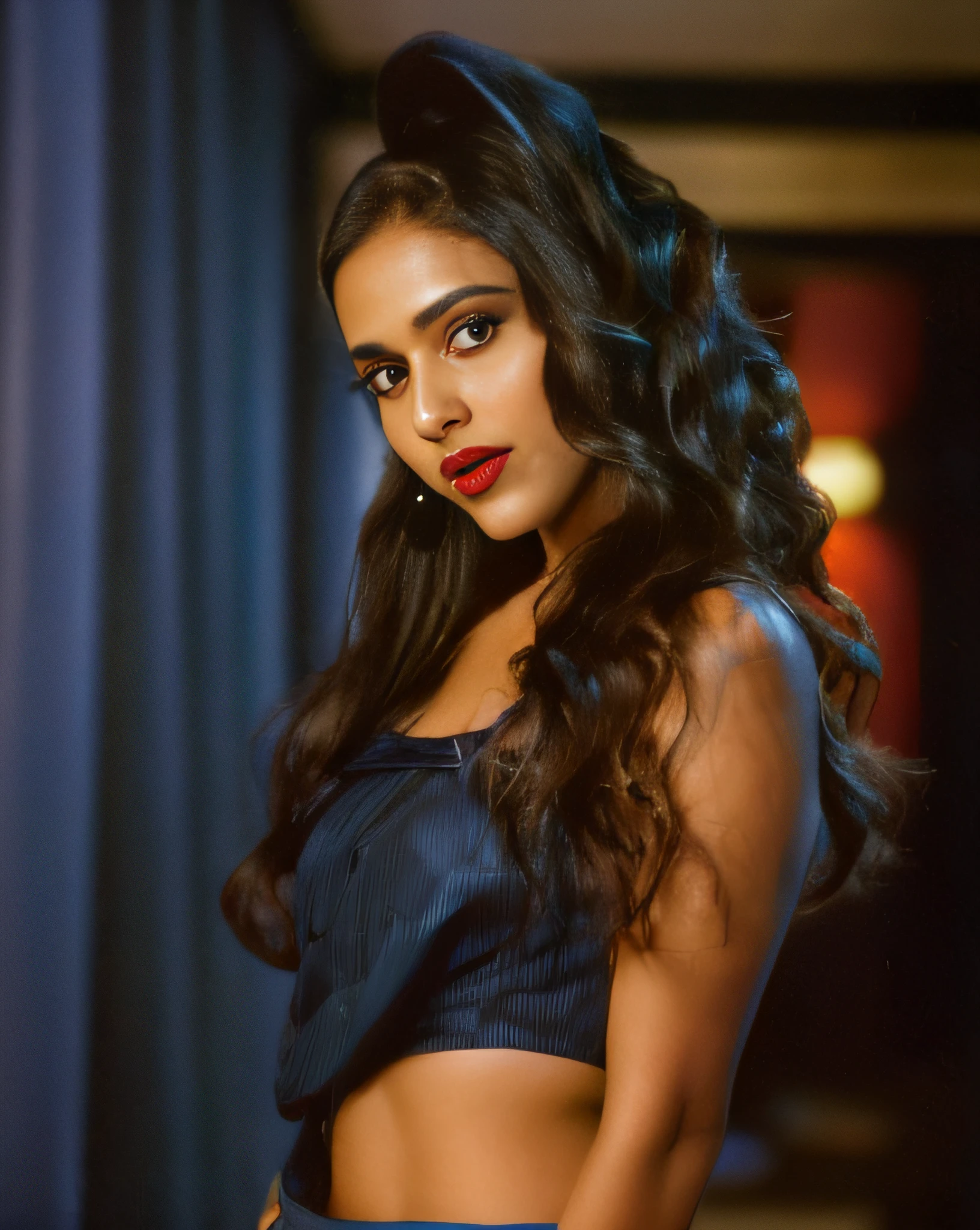 (((editorial photograph of a young Indian woman in blue and black top seductive pose big natural red lips))), karla ortiz, (highly detailed face:1.4) (smile:0.7) (backround 5 star hotel , moody, private study:1.3) POV, by lee jeffries, nikon d850, film stock photograph ,4 kodak portra 400 ,camera f1.6 lens ,rich colors ,hyper realistic ,lifelike texture, dramatic lighting , cinestill 800, realistic, wearing Black dobby weave self design fit & flare dress Sweetheart neck Short, puff sleeve Tie-up detail on back Above knee length in flounce hem Attached Lining Chiffon fabric, actress, karla ortiz, posing!!, candid picture, by Max Dauthendey,