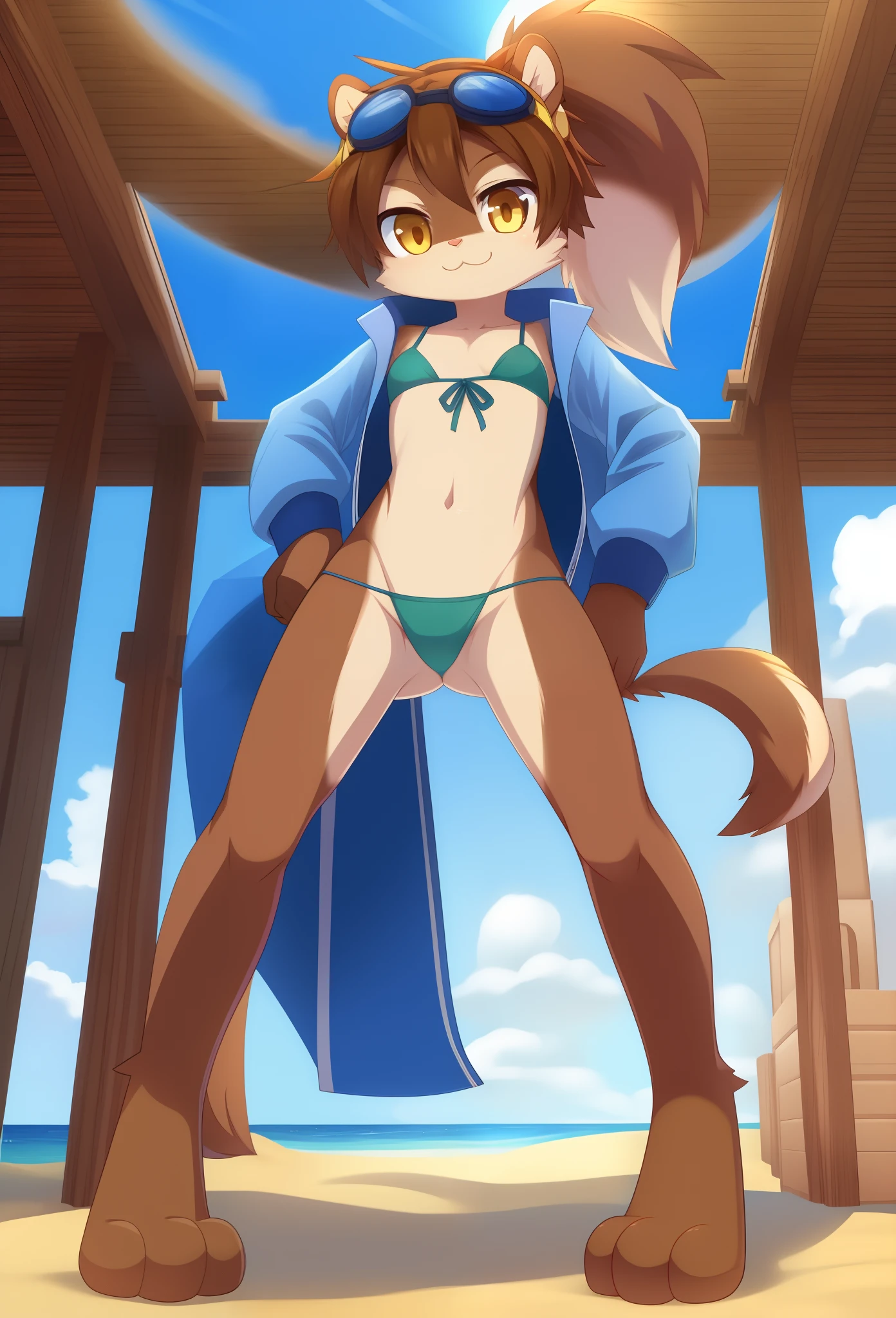 Furry girl, young, squirrel, brown spiky hair, short spiky ponytail, yellow eyes, small breasts, detailed body fur, blue vest, open clothes, green bikini, masterpiece, anime style, two tone body fur, brown body fur, clear brown body fur, squirrel tail, detailed face, big eyebrows, detailed eyes, detailed body, beach, clear sky, detailed hands, glistering body, shiny body, skinny, sassy face, goggles, :3, paws whit three toes, down focus, full body, Big squirrel tail,