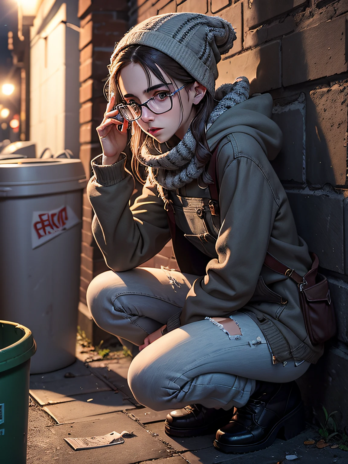 Dramatic lighting, 25 year old woman, pale, thin, skinny, short, petite, untidy, scruffy, dirty pale brown hair, moist eyes, skin blemishes, acne, pale skin, thick rimmed glasses, frame repaired with tape, cracked lens, filthy dungarees, dark jumper, oversized coat, striped woolen jumper, keffiyeh, dirty grey coat, scared, nervous, biting fingernails, crouching in prison yard at night, very dark, moonlight, hiding behind garbage cans, graffiti, rubble, broken glass, weeds, rubbish bins, brick wall at night, rat scurrying past
