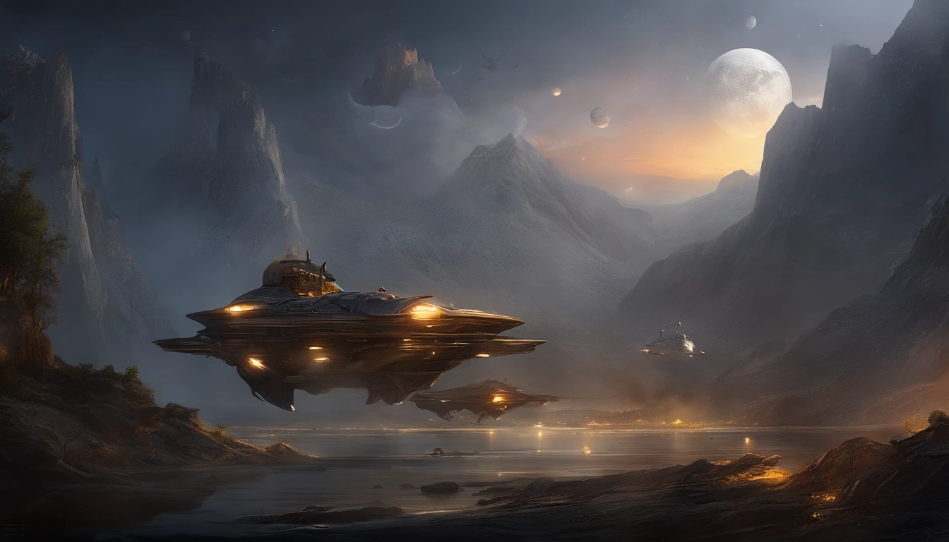 (professional 3d render:1.3) af (Realistic:1.3) The most beautiful artistic photo in the world，Futuristic sci-fi spaceship, Huge, iintricate, Sci-fi, Advanced design, Realistic functional spaceship, nebula background, planets and stars, The whole planet, Cinematic, high detail image, Realistic, Hyperrealistic, Photographic images, ​master piece, Dynamic comparison, golden composition, (vibration, Realistic photography, Realistic, Dramatic, darkly, foco nítido, 8K), polished metal, (复杂:1.4), decadent, (highly  detailed:1.4), digitial painting, rendering by octane, art  stations, concept-art, Liso, foco nítido, illustration, From the germ of art, (loish:0.23), wlop ilya kuvshinov, e Greg Rutkowski e Alphonse Mucha Gracias, (global ilumination, studiolight, Light volume), ((Dark background and stars:1.3)),CGSesocieda,art  stations