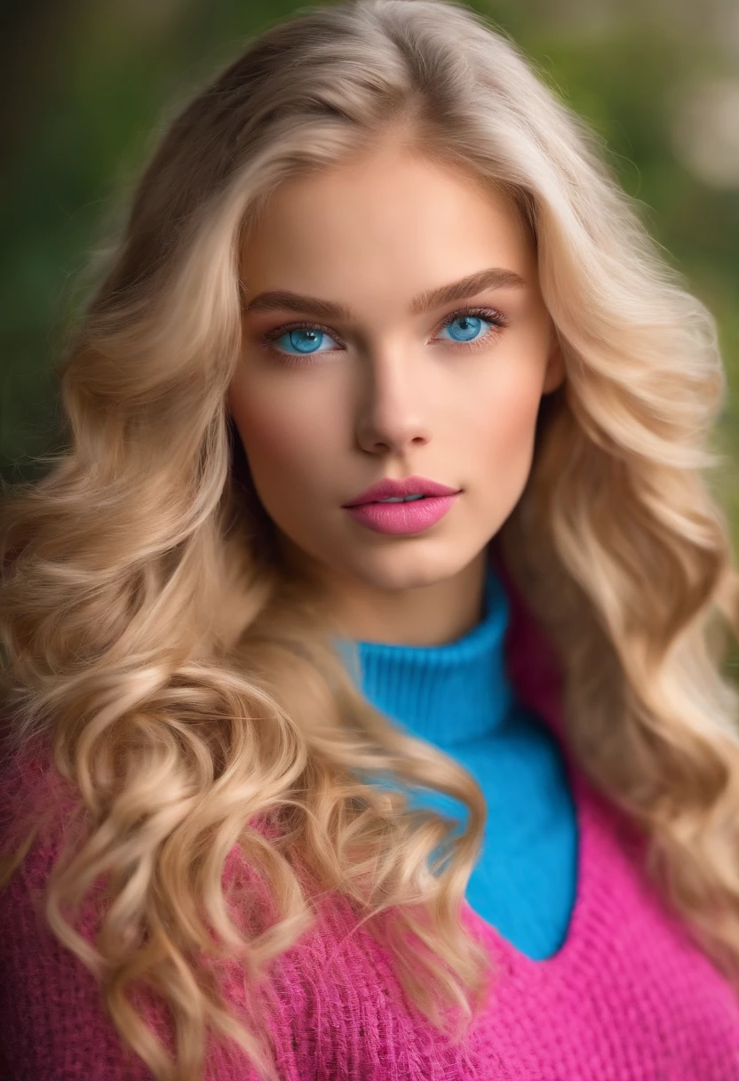 Teenage girl with long wavy blonde hair, pink lips, blue eyes and pink turtleneck