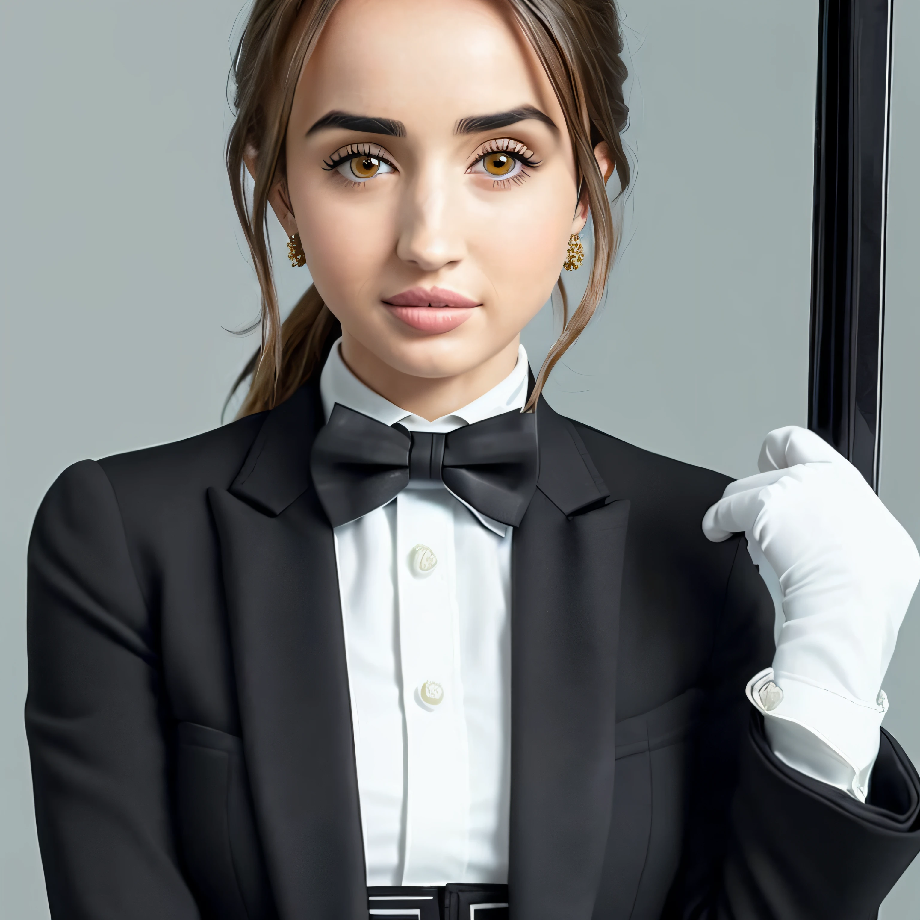 Picture, best quality, photo of beautiful, brown eyes, make up, looking at viewer, perfect face, perfect eyes, smiling, sharp focus, Intricate, High Detail, dramatic, photorealistic, tuxedo, skirt suit, black blazer, (((black bowtie))), dinner jacket, open jacket, bodycon miniskirt, high waisted skirt, (((ana de armas))), 1girl, shirt cuffs, cufflinks, white gloves,