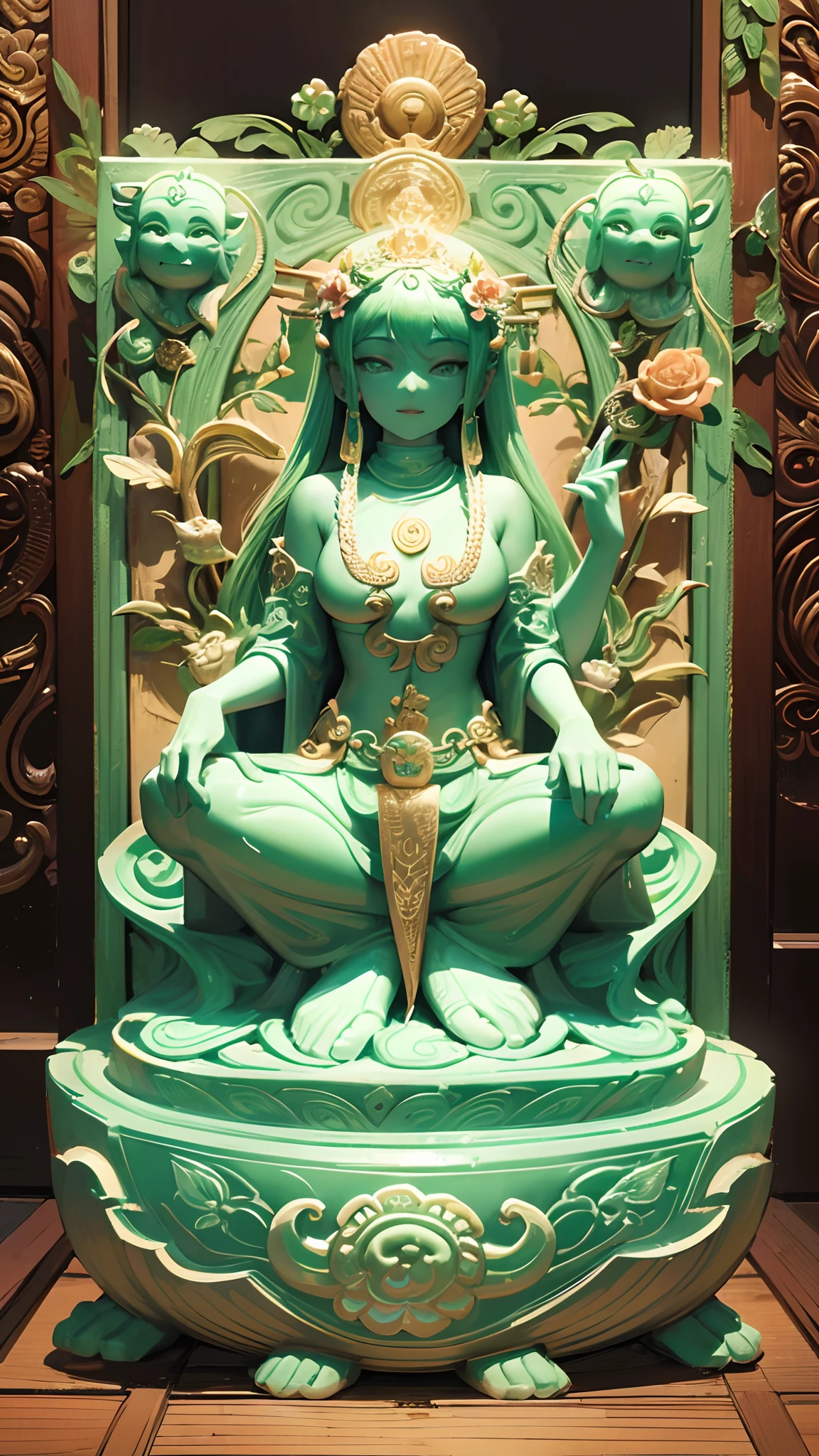An intricately detailed image of a jade piece carved in bas-relief and low-relief, depicting a scene of Buddha, carved in jade with flowers and a dragon decorating the main scene, art by Mschiffer, lots of details, beautiful jade work, glossy jade --auto --s2