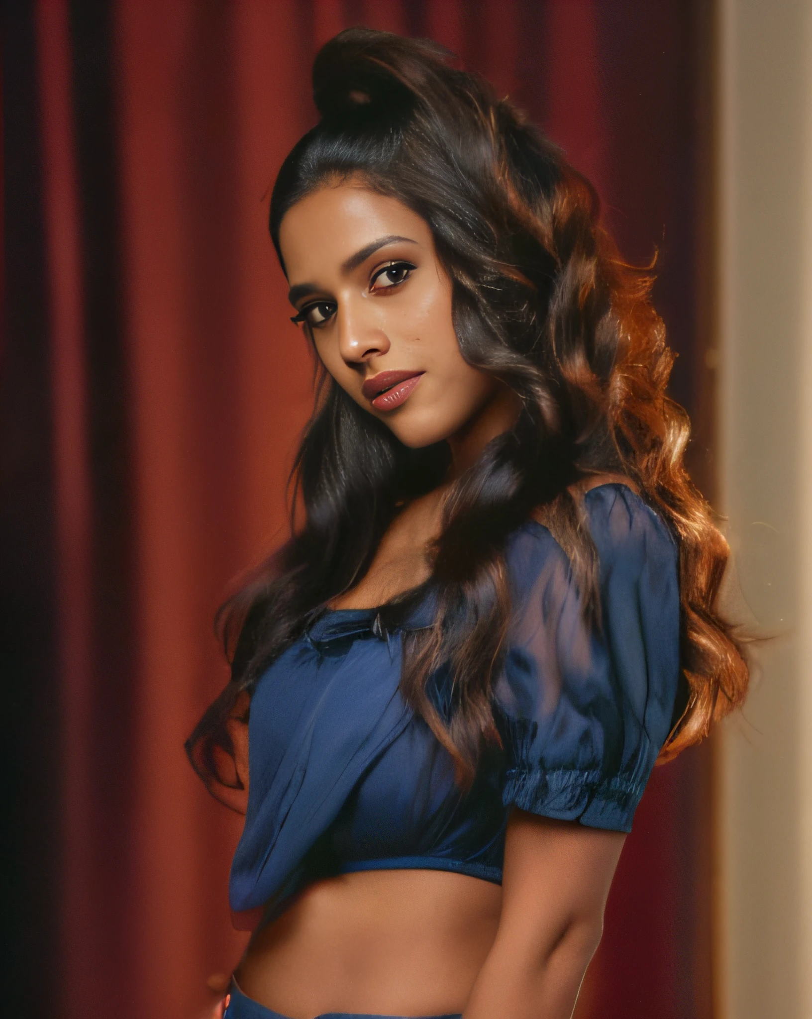 (editorial photograph of a young Indian woman), karla ortiz, (highly detailed face:1.4) (smile:0.7) (backround 5 star hotel , moody, private study:1.3) POV, by lee jeffries, nikon d850, film stock photograph ,4 kodak portra 400 ,camera f1.6 lens ,rich colors ,hyper realistic ,lifelike texture, dramatic lighting , cinestill 800, realistic, puff sleeve Tie-up detail on back Above knee length in flounce hem Attached Lining Chiffon fabric, actress, karla ortiz, posing!!, candid picture, by Max Dauthendey,