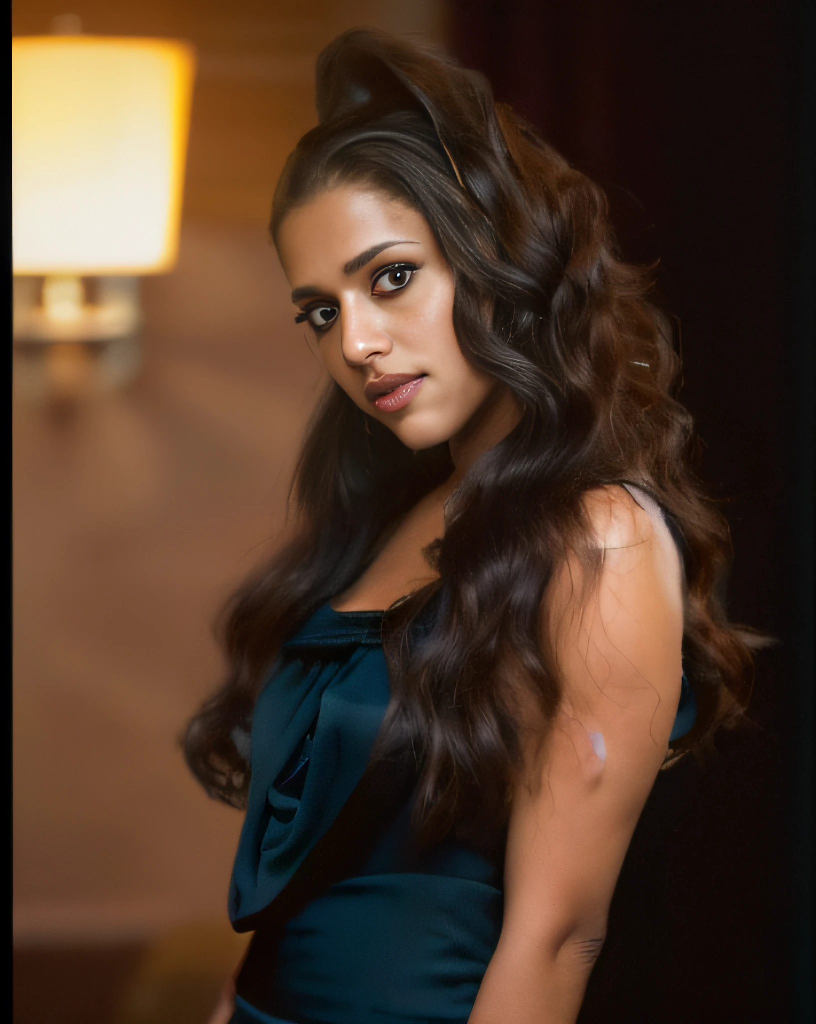 (editorial photograph of a young Indian woman), karla ortiz, (highly detailed face:1.4) (smile:0.7) (backround 5 star hotel , moody, private study:1.3) POV, by lee jeffries, nikon d850, film stock photograph ,4 kodak portra 400 ,camera f1.6 lens ,rich colors ,hyper realistic ,lifelike texture, dramatic lighting , cinestill 800, realistic, wearing Black dobby weave self design fit & flare dress Sweetheart neck Short, puff sleeve Tie-up detail on back Above knee length in flounce hem Attached Lining Chiffon fabric, actress, karla ortiz, posing!!, candid picture, by Max Dauthendey,