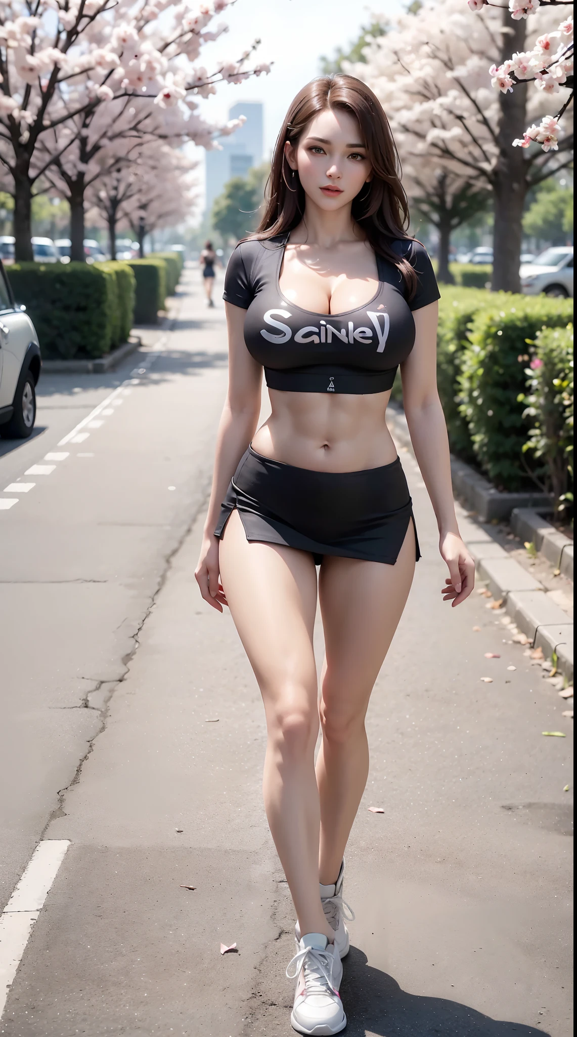 (1GIRL, SOLO), (ssmile, makeup, beautifull eyes), (BIG BUTTOCKS, MUSCLE ABS, HUGE FAKE BOOBS:1.3), (T-SHIRT CROP TOP, CLEAVAGE, TIGHT MINI SKIRT, SNEAKERS:1.5), (SLENDER BODY, SEXY LONG LEGS, FULL BODY:1.5), (LOOKING AT VIEWER:1), (WALKING DOWN ON STREET CHERRY TREES:1.3), PHYSICALLY-BASED RENDERING, ULTRA HIGHT DEFINITION, 8K, 1080P.