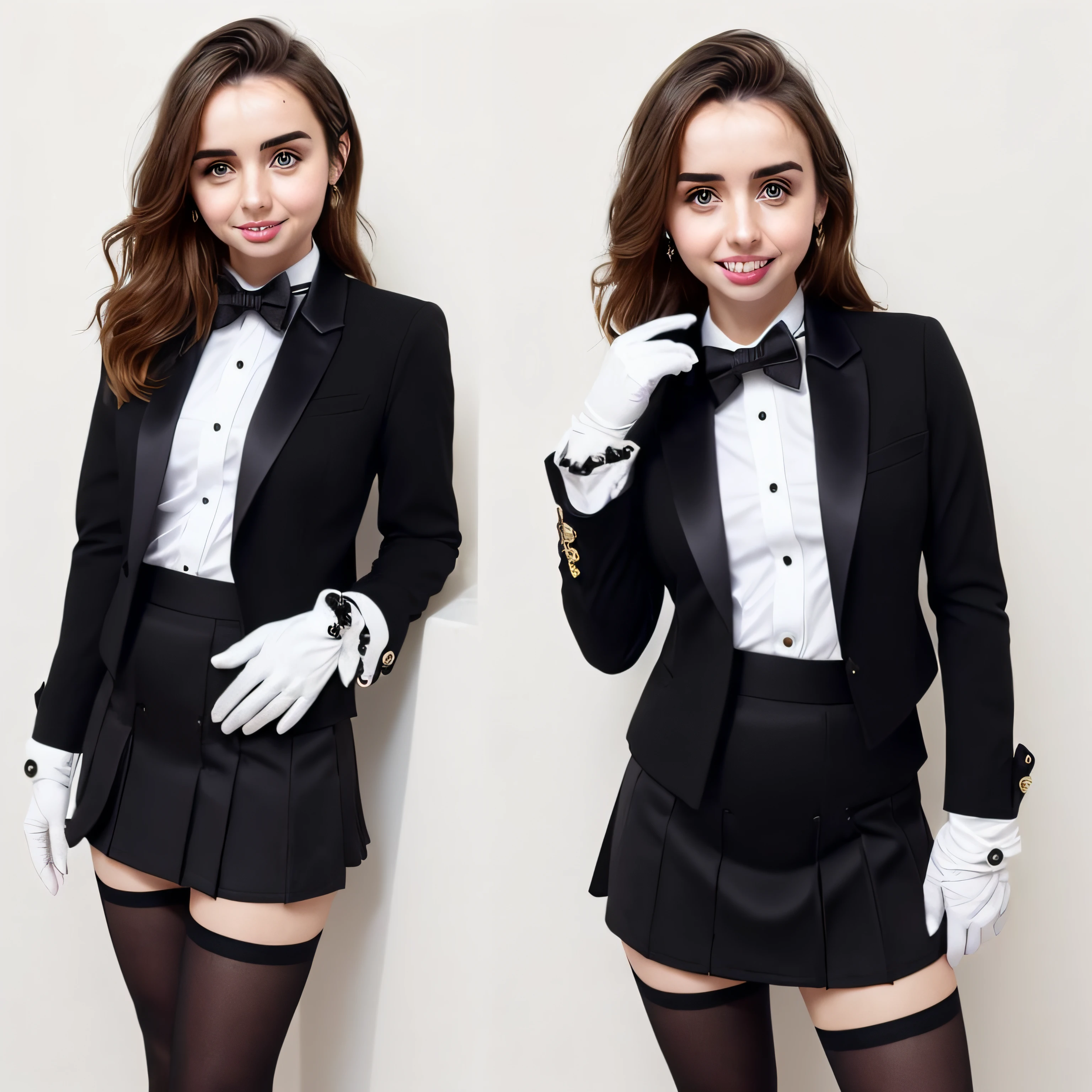 Picture, best quality, photo of beautiful, brown eyes, make up, looking at viewer, perfect face, perfect eyes, smiling, sharp focus, Intricate, High Detail, dramatic, photorealistic, tuxedo, skirt suit, black blazer, shiny lapels, shiny clothes, satin, (((black bowtie))), dinner jacket, open jacket, bodycon miniskirt, high waisted skirt, (((ana de armas))), 1 girl, white gloves, full body, elegant, tights, pantyhose