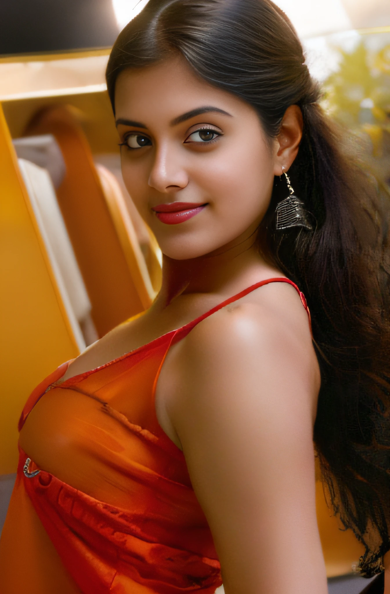 (editorial photograph of a young Indian woman in yellow dress and dark red lips),(((massive breast)))、karla ortiz, (highly detailed face:1.4) (smile:0.7) (backround 5 star hotel , moody, private study:1.3) POV, by lee jeffries, nikon d850, film stock photograph ,4 kodak portra 400 ,camera f1.6 lens ,rich colors ,hyper realistic ,lifelike texture, dramatic lighting , cinestill 800, realistic, wearing Black dobby weave self design fit & flare dress Sweetheart neck Short, puff sleeve Tie-up detail on back Above knee length in flounce hem Attached Lining Chiffon fabric, actress, karla ortiz, posing!!, candid picture, by Max Dauthendey,
