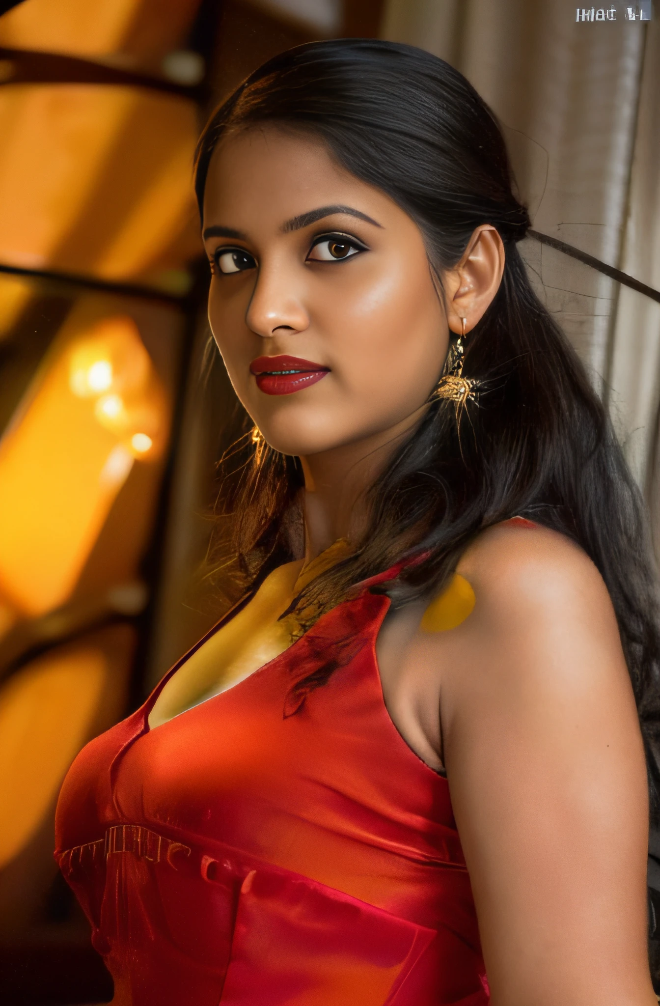 (editorial photograph of a young Indian woman in yellow dress and dark red lips),(((massive breast)))、karla ortiz, (highly detailed face:1.4) (smile:0.7) (backround 5 star hotel , moody, private study:1.3) POV, by lee jeffries, nikon d850, film stock photograph ,4 kodak portra 400 ,camera f1.6 lens ,rich colors ,hyper realistic ,lifelike texture, dramatic lighting , cinestill 800, realistic, wearing Black dobby weave self design fit & flare dress Sweetheart neck Short, puff sleeve Tie-up detail on back Above knee length in flounce hem Attached Lining Chiffon fabric, actress, karla ortiz, posing!!, candid picture, by Max Dauthendey,