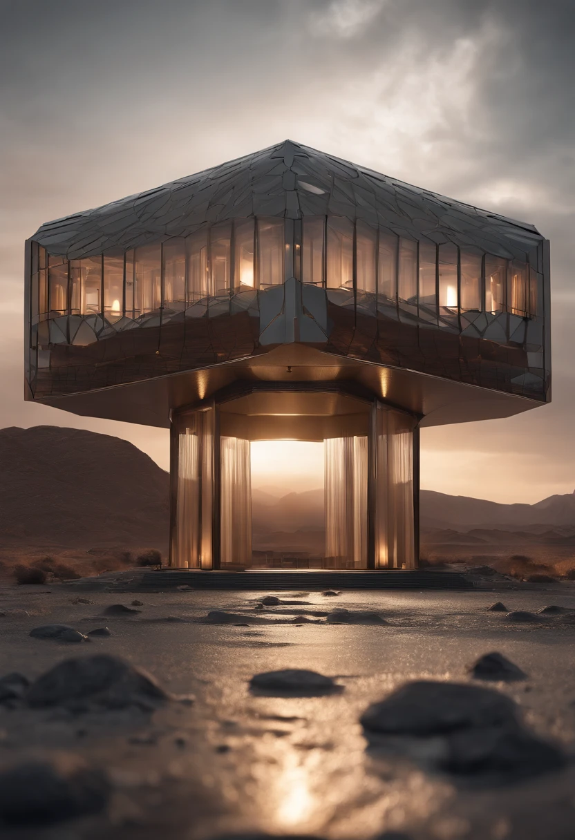 A hexagonal architectural structure，There are five solid elements radiating from its center. postapocalyptic, Grandiose, gigantic scale, With a postmodern style. Capture from a distance, Bevel angle, In the midst of a desolate desert landscape. Embrace cyberpunk postmodern aesthetics, It uses Cinema 4D rendering，and presents an architectural landscape with a metallic gray color palette. The design is very detailed, Equidistant composition, And ensure the best visual quality. Structurally complete，Visually striking from extreme close-ups, Enhance gorgeous visuals with beautiful lighting, Controlled overexposure, Background blur (Bokeh), and 3D elements. This highly stylized masterpiece is presented in 4K resolution，and render with Unreal Engine 5, It has won praise for its excellent quality and details.