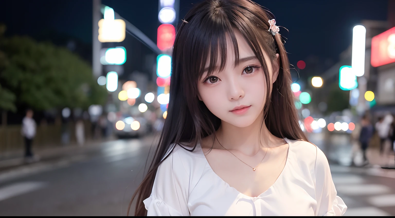 女の子1人、on tokyo street、natta、A city scape、city light、The upper part of the body、a closeup、Blouse、A smile、、(8K、Raw photography、top-quality、​masterpiece:1.2)、(realisitic、photoRealstic:1.37)、Beautiful starry sky