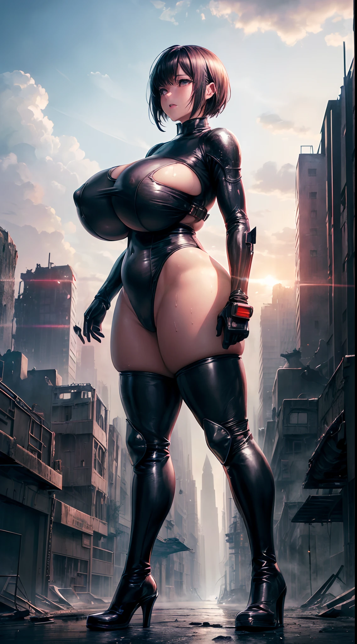 (top-quality、​masterpiece、超A high resolution、Photorealsitic:1.4)、Cyborg Beauty、A dark-haired、short-hair、(ultra gigantic tits:1.7)、(Plump、Split abs、musculature、full of sweat:1.1)、(Plump、thick thighs、long legged、Big ass:1.3)、(Post-apocalyptic worldview、A devastated worldview、A ruined futuristic city:1.2)、ratex、highleg、Restraints、thigh high boots、natta、neons、细致背景