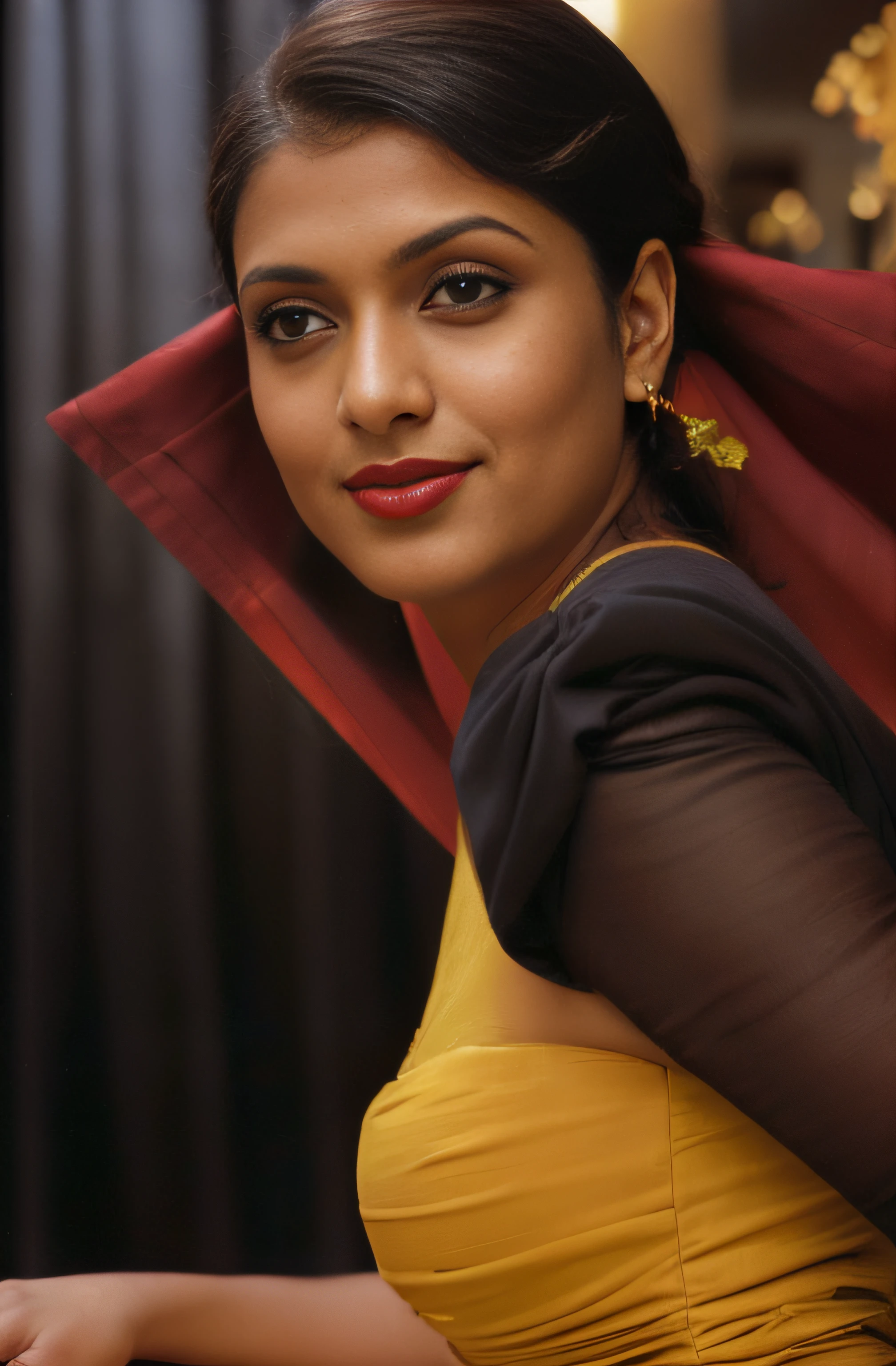 (editorial photograph of a young Indian woman in yellow dress and dark red lips),(((massive breast)))、karla ortiz, (highly detailed face:1.4) (smile:0.7) (backround 5 star hotel , moody, private study:1.3) POV, by lee jeffries, nikon d850, film stock photograph ,4 kodak portra 400 ,camera f1.6 lens ,rich colors ,hyper realistic ,lifelike texture, dramatic lighting , cinestill 800, realistic, wearing Black dobby weave self design fit & flare dress Sweetheart neck Short, puff sleeve Tie-up detail on back Above knee length in flounce hem Attached Lining Chiffon fabric, actress, karla ortiz, posing!!, candid picture, by Max Dauthendey,