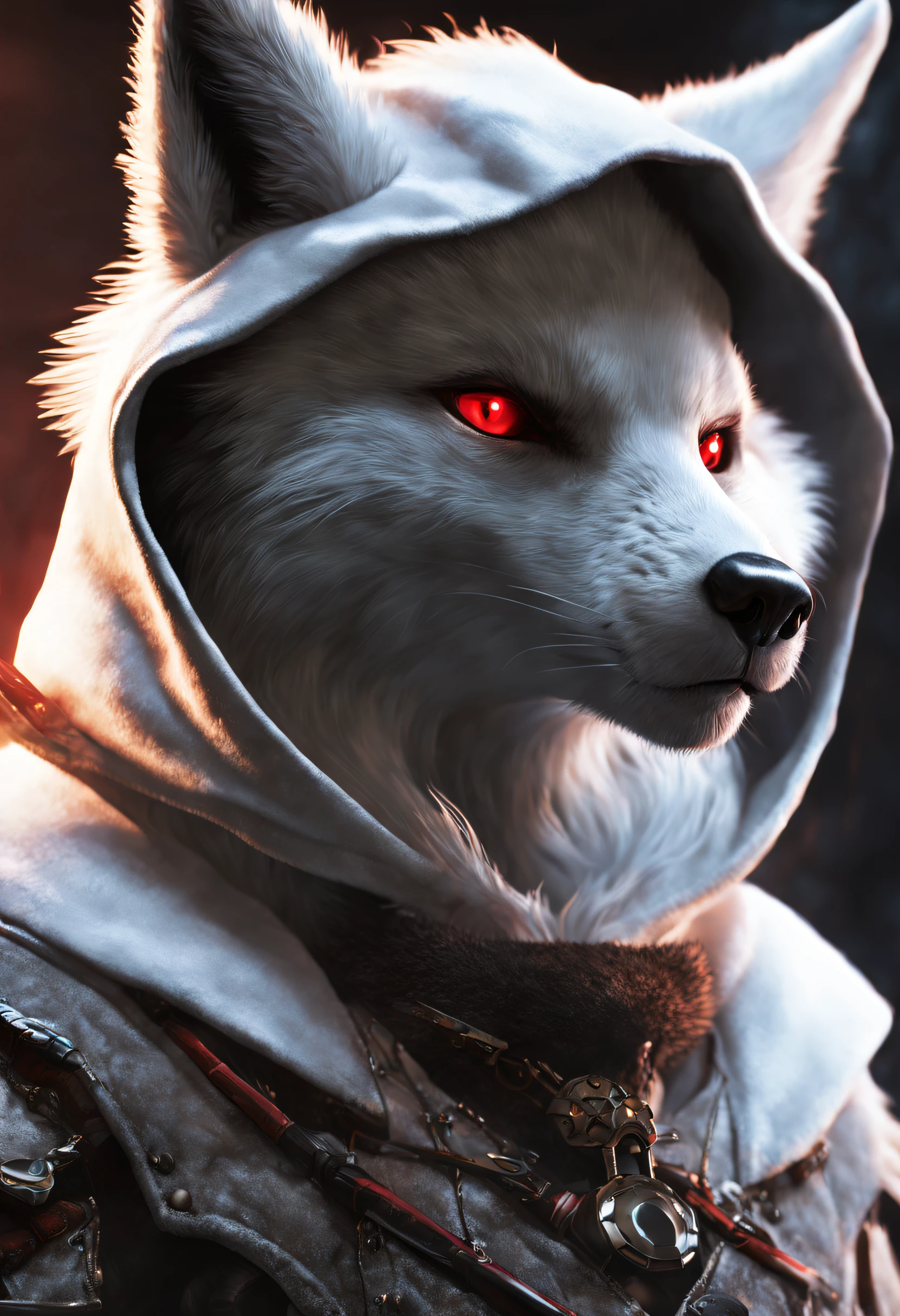 Male, Solo, anthro, coyote, death \(Puss in Boots\), Red eyes, Black sclera, Long mouth, White body, facial markings, Cape, Hood, belt, nipple tops, bottomwear, Fluffy fur, Moonlight, ultra - detailed, Ultra photo realsisim, Unreal Engine 5, Studio lighting, Cinematic, High detail, Dramatic, Cinematic, 8K, A high resolution