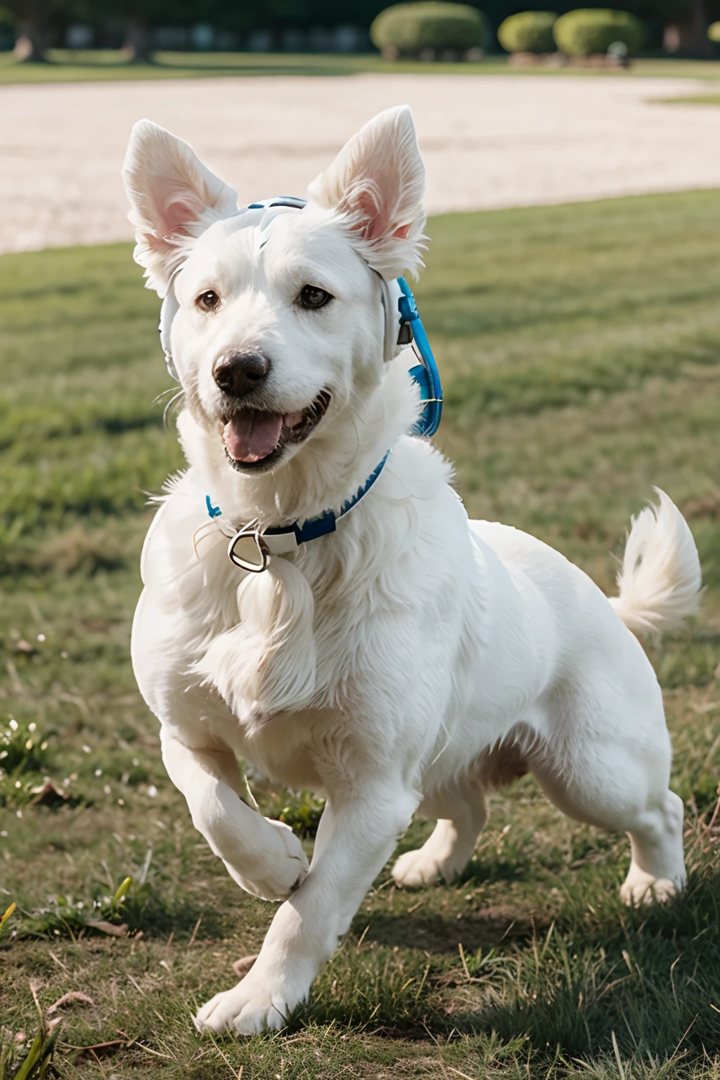 White dog with earmuffs running on the grass