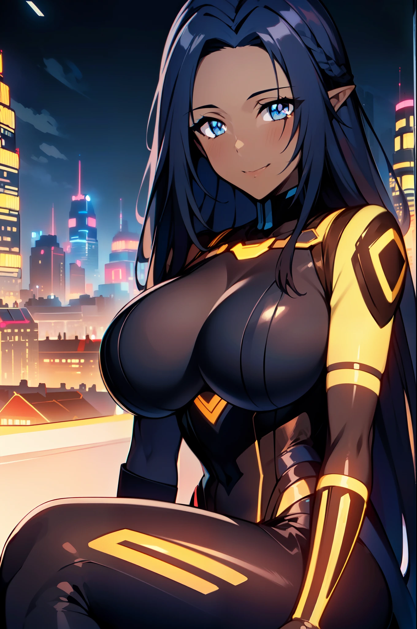 masterpiece, best quality, extremely detailed, anime art style, 1girl, mature female, solo, (dark brown skin:1.6), (huge breasts:1.3), ((Dark Blue Hair, long hair, Bangs, Dark Blue Eyes, pointy ears)), parted lips, ((tronwear, blue bodysuit)), light smile, closed mouth, ((sitting on the rooftop, futuristic cityscape))