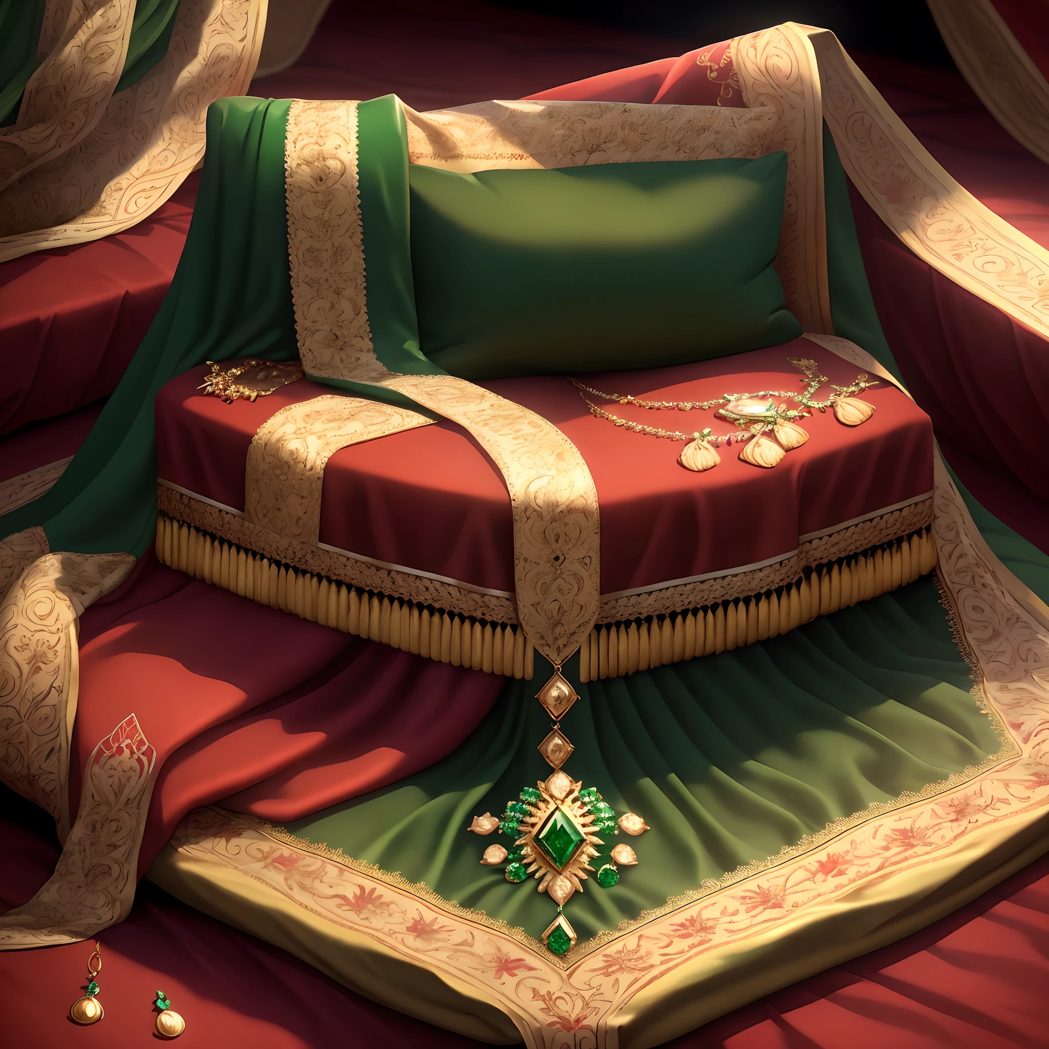 Emerald and gold costume jewelry on a velvet red cushion, Product Photography, Auction, close - up, higly detailed, ISO 100, 4k, объектив 30mm, 1/250c, f2.8, Realistic