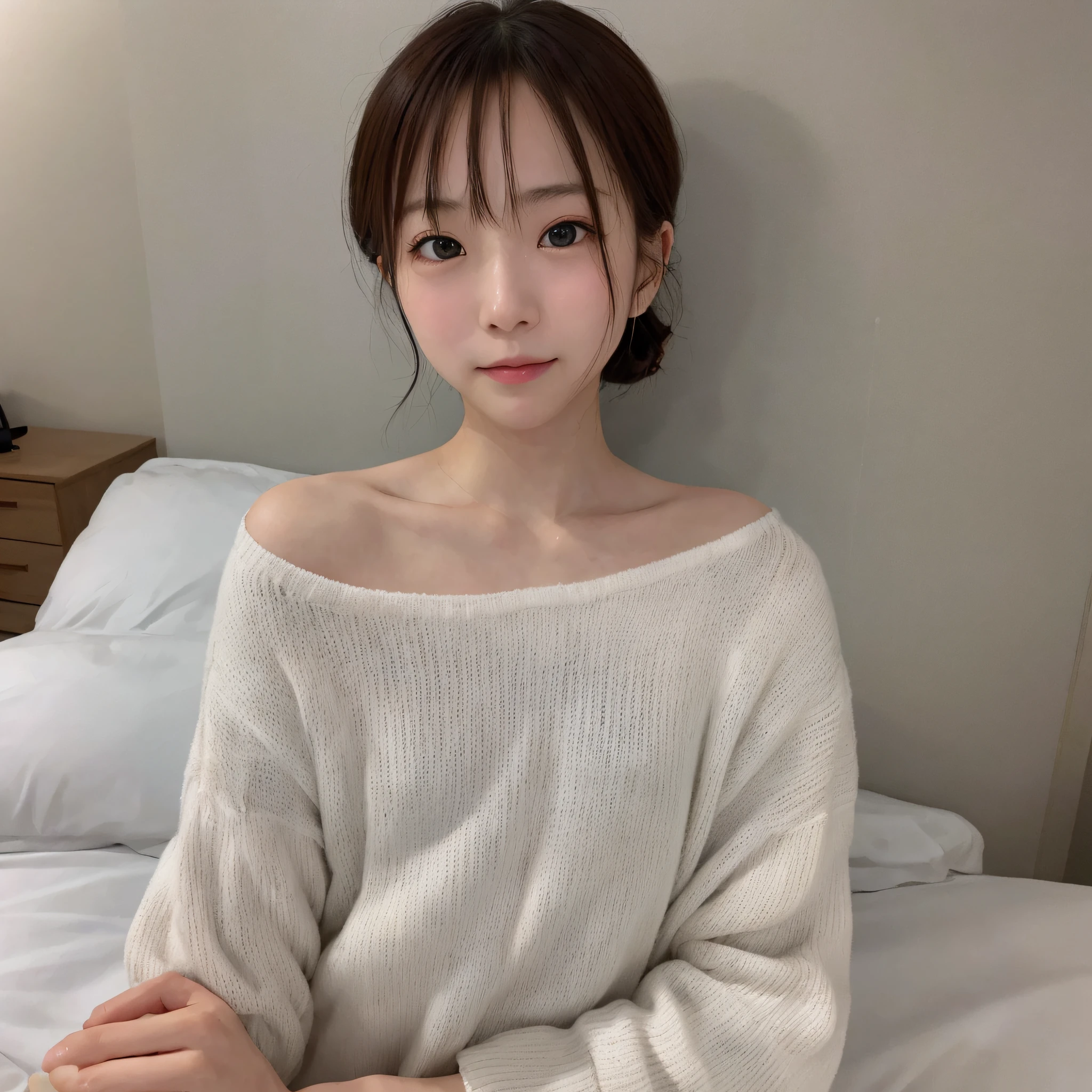 ((highest quality, 8K, masterpiece:1.3)), concentrated: 1.2, perfect body beauty: 1.4, buttocks: 1.2, ((layered haircut, chest: 1.2)), (Chest original loose knit: 1.1) , (bedroom:1.3), One female, Highly detailed face and skin texture, delicate eyes, double eyelid, whitened skin, long hair, sit on the bed, Blur the background