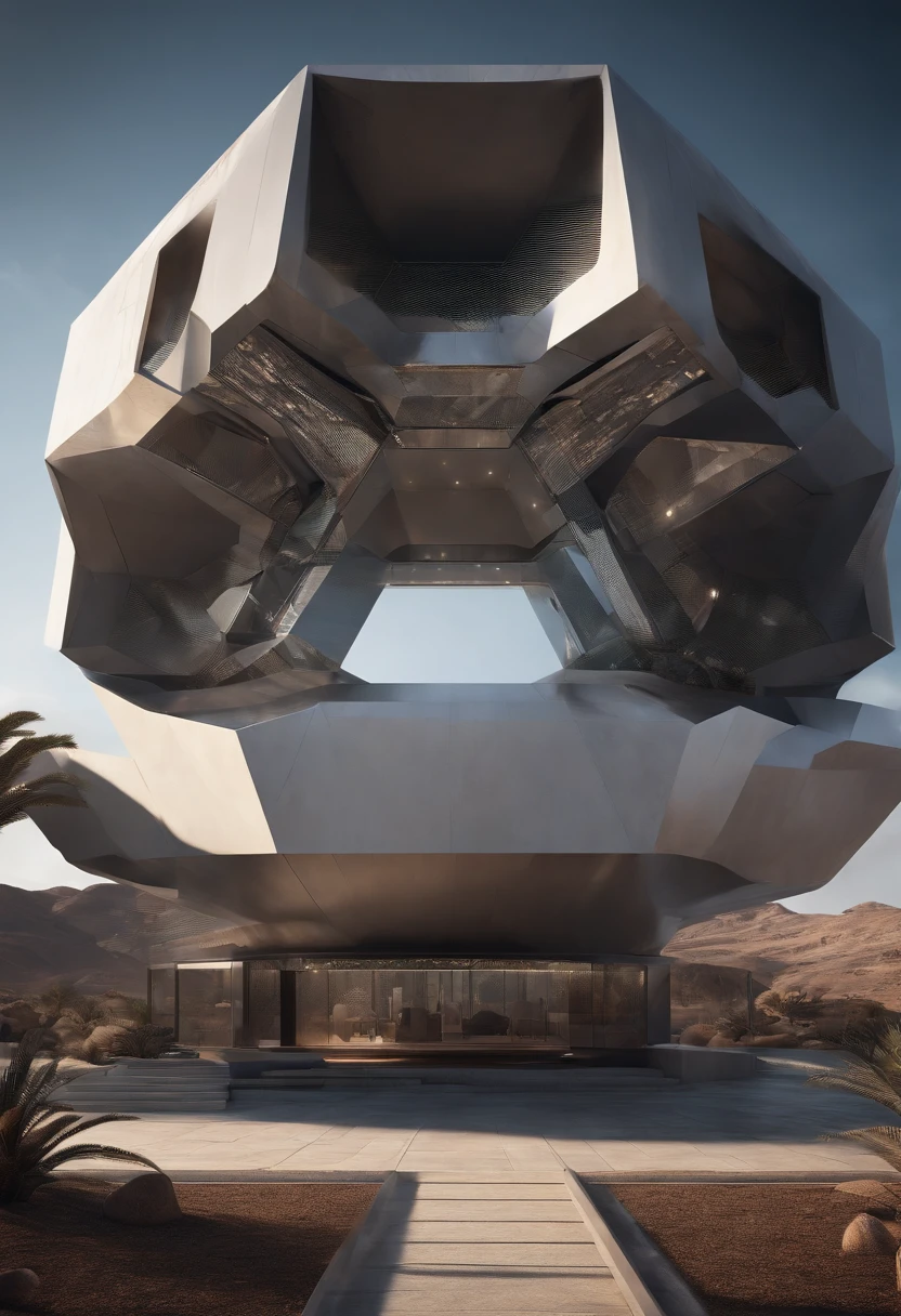 Hexagonal architectural structure,There are five solid elements radiating from its center. postapocalyptic, Grandiose, gigantic scale, With a postmodern style. shot from a far distance, bevel, In the midst of a desolate desert landscape. Embrace cyberpunk postmodern aesthetics, It uses cinematic 4D rendering,and presents an architectural landscape with a metallic gray color palette. The design is very detailed, Equidistant composition, And ensure the best visual quality. Structurally complete,Visually striking from extreme close-ups, Enhance gorgeous visuals with beautiful lighting, Controlled overexposure, Background blur (Bokeh), and 3D elements. This highly stylized masterpiece is presented in 4K resolution,and render with Unreal Engine 5, It has won praise for its exceptional quality and detail.
