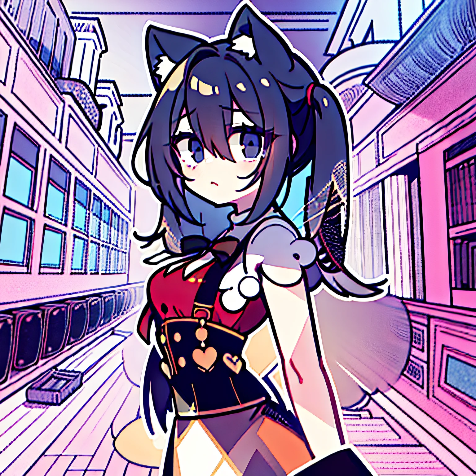Lovely, kawaii girl, Ame-Chan, looking at viewer, suspenders, (red shirts), black ribbon, black skirt, busty figure, huge breats, bags under eyes, nervous expression, depressed, masterpiece, High Quality, very_high_resolution, Ultra Detailed, large_filesize, Full Color, Detail, 8K, 4K, High Resolution, Symmetrical, Extraordinary, Best Aesthetics, cat ears, fluffy tail, pawing