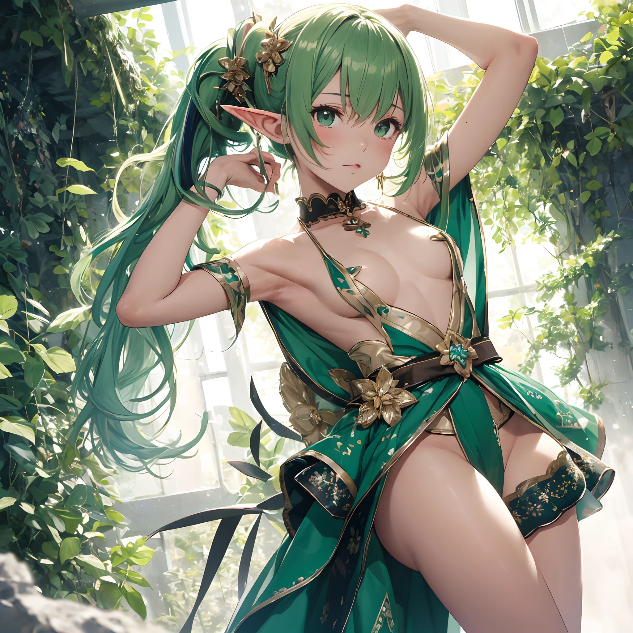 masutepiece , Best Quality,Nahida(GenshinImpact) ,1girl in , tiny chest,Long hair ,Side Ponytail, Hair Ornament , White hair , Green hair , hand behind head:1.5,multicolored hair, elf , ,barechested,opening legs,insertion