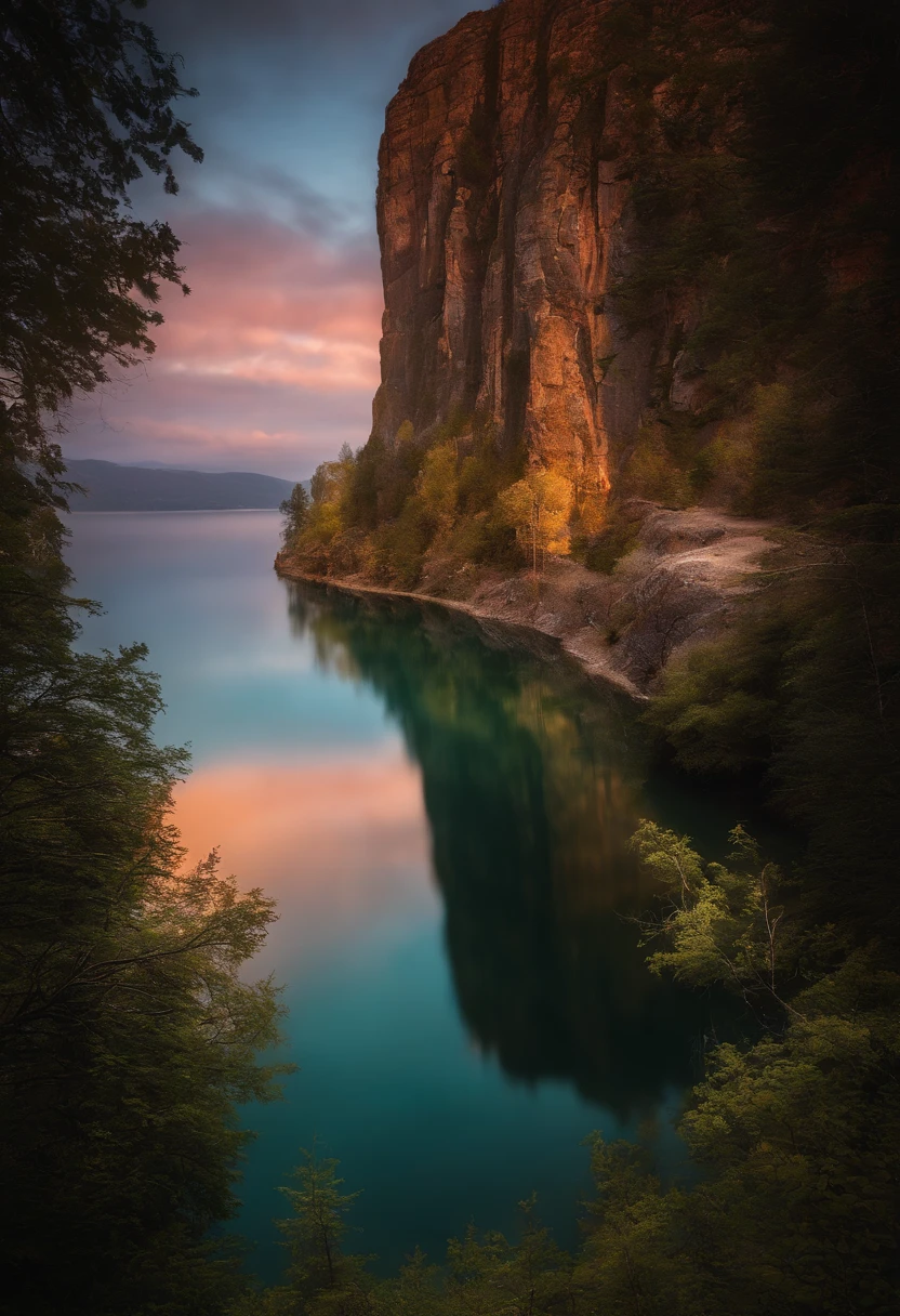 A photography that captures the essence of a magical dream - like world. An epic and legendary cliff that overhangs a beautiful lake, with surreal and vibrant colors illuminating its reflection. The atmosphere is otherworldly, with soft evening light casting ethereal shadows. The image creates a sense of depth and mystery, as if the viewer is being transported to another dimension, creating a beautiful and haunting composition. Shot with a Canon EosIII Zeiss 120mm wide