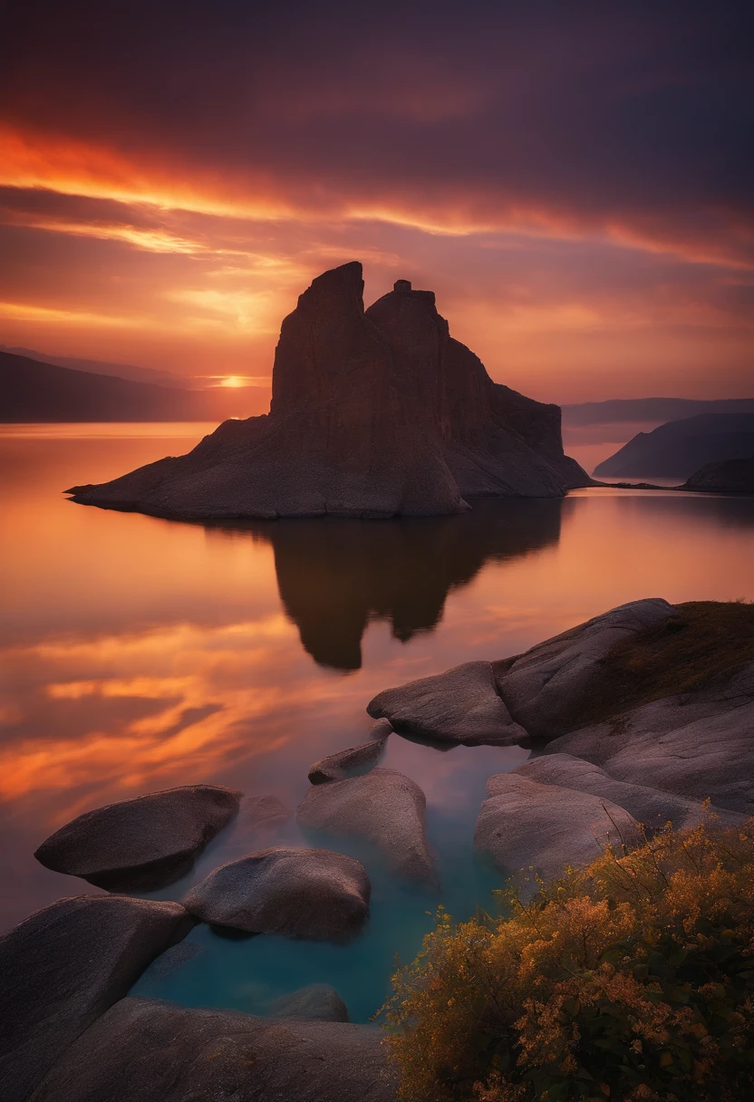 A photography that captures the essence of a magical dream - like world. An epic and legendary cliff that overhangs a beautiful lake, with surreal and vibrant colors illuminating its reflection. The atmosphere is otherworldly, with soft evening light casting ethereal shadows. The image creates a sense of depth and mystery, as if the viewer is being transported to another dimension, creating a beautiful and haunting composition. Shot with a Canon EosIII Zeiss 120mm wide