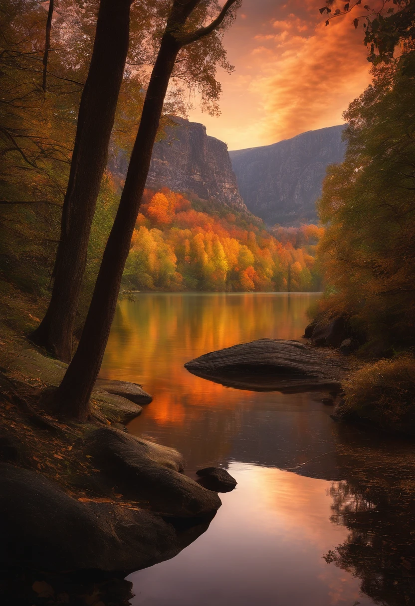 A photography that captures the essence of a magical dream - like world. An epic and legendary cliff that overhangs a beautiful lake, with surreal and vibrant colors illuminating its reflection. The atmosphere is otherworldly, with soft evening light casting ethereal shadows. The image creates a sense of depth and mystery, as if the viewer is being transported to another dimension, creating a beautiful and haunting composition. Shot with a Canon EosIII Zeiss 120mm wide